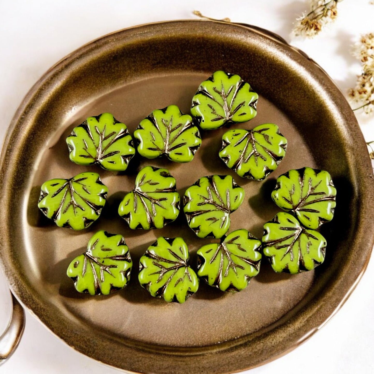 Czech Glass Beads - Avocado Green 11x13mm Maple Leaf with Dark Bronze Wash (ML73) * Qty. 12