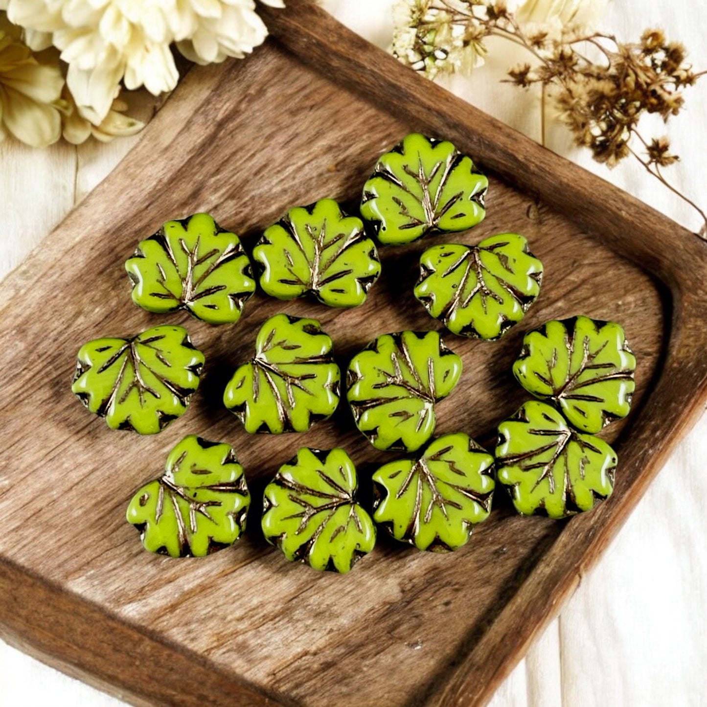 Avocado Green Maple Leaf Bead, 11x13mm Czech Glass Leaf Beads, Opaque Olive Green Leaf with Dark Bronze Wash (ML73) * Qty. 12