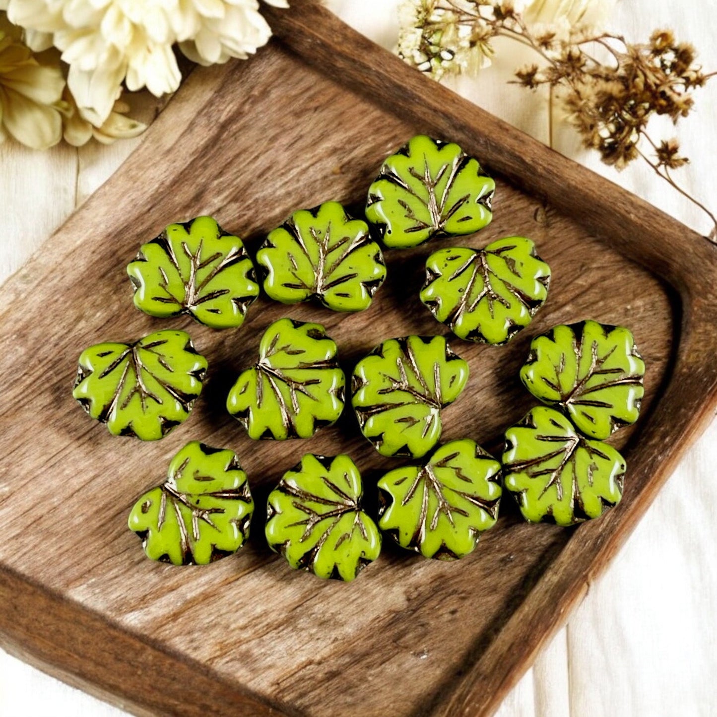 Czech Glass Beads - Avocado Green 11x13mm Maple Leaf with Dark Bronze Wash (ML73) * Qty. 12