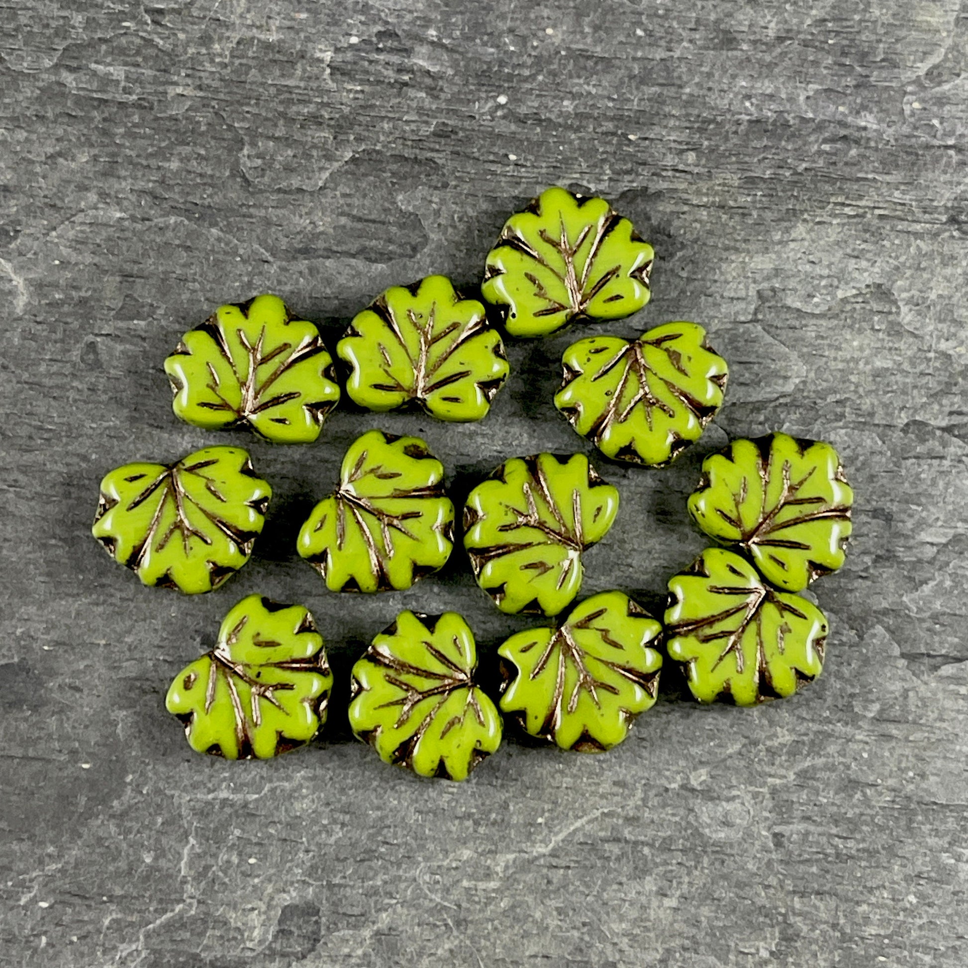 Avocado Green Maple Leaf Bead, 11x13mm Czech Glass Leaf Beads, Opaque Olive Green Leaf with Dark Bronze Wash (ML73) * Qty. 12