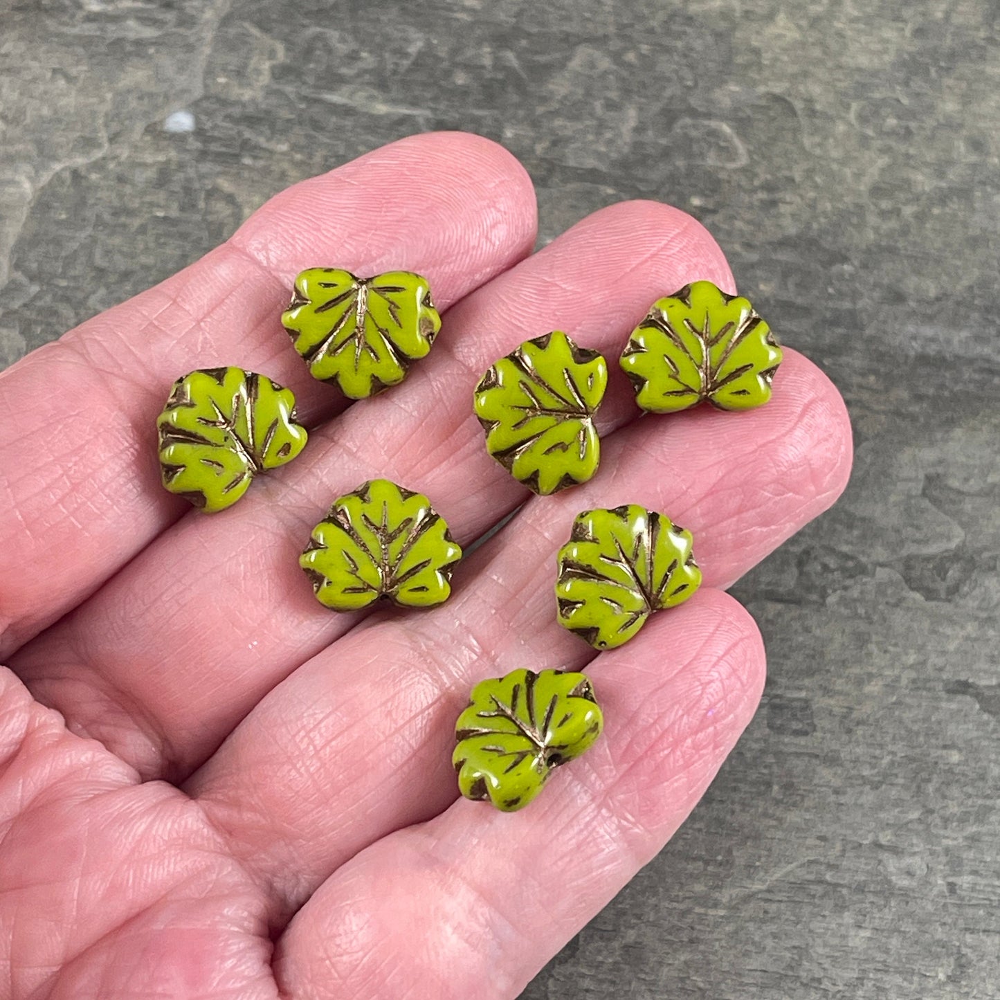 Avocado Green Maple Leaf Bead, 11x13mm Czech Glass Leaf Beads, Opaque Olive Green Leaf with Dark Bronze Wash (ML73) * Qty. 12