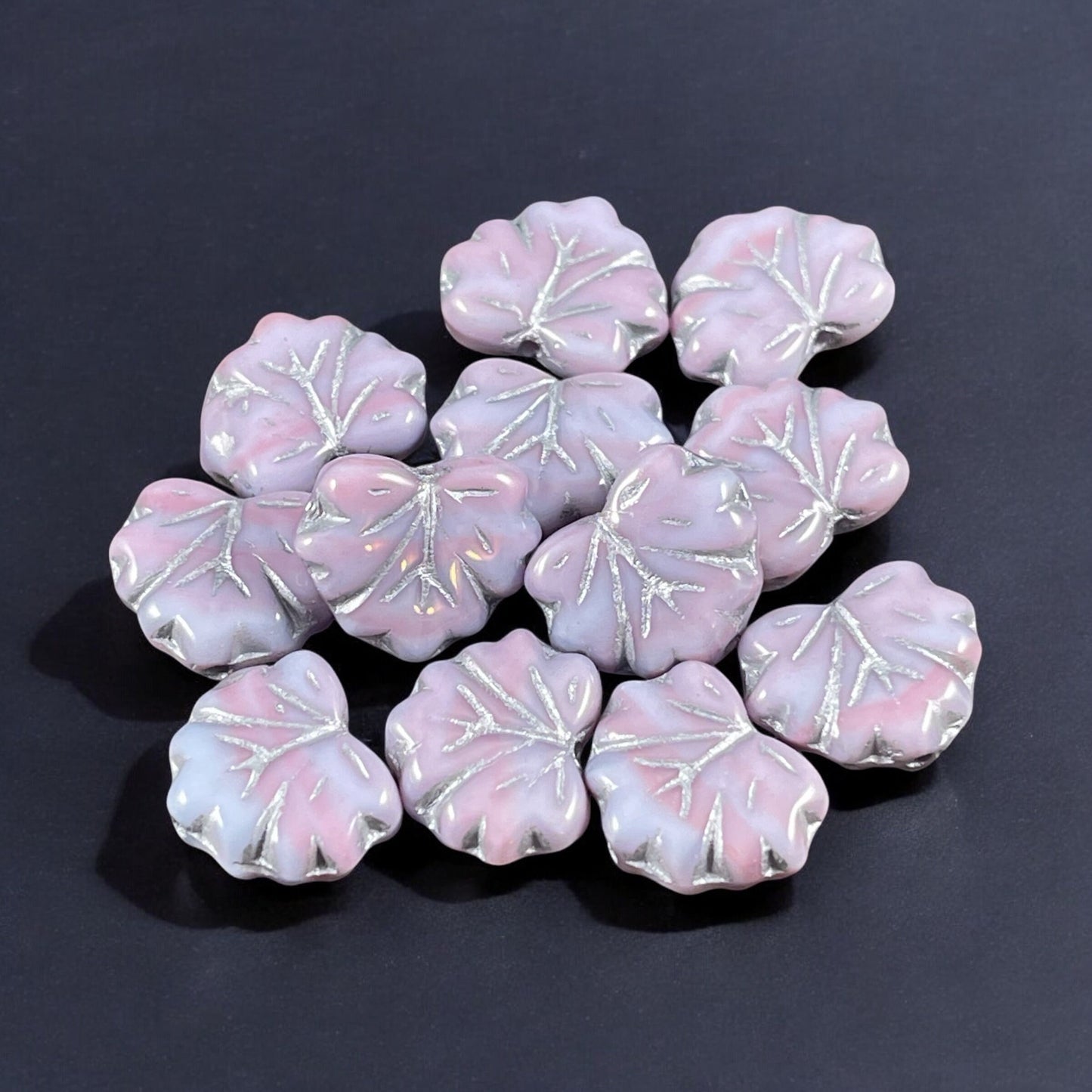 Light Purple and Pink Maple Leaf Beads, 11x13mm Czech Glass Leaf Beads, Two Tone Glass with Silver Wash (ML65) * Qty. 12