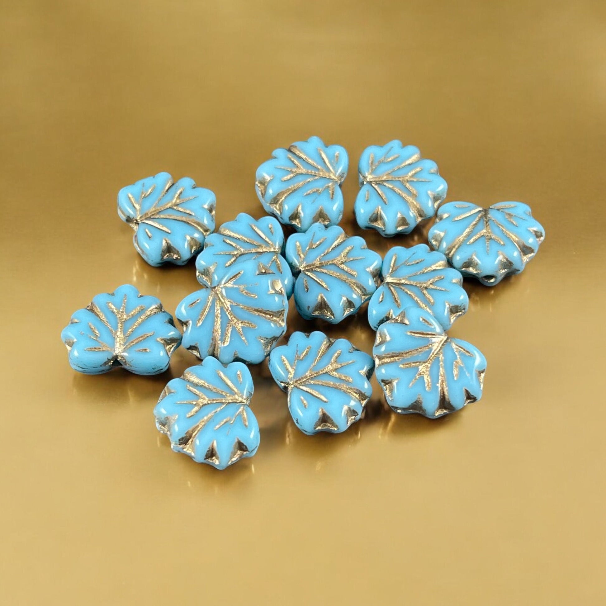 Light Blue Maple Leaf Beads, 11x13mm Czech Glass Beads, Opaque Light Blue Glass with Gold Wash (ML79) * Qty. 12