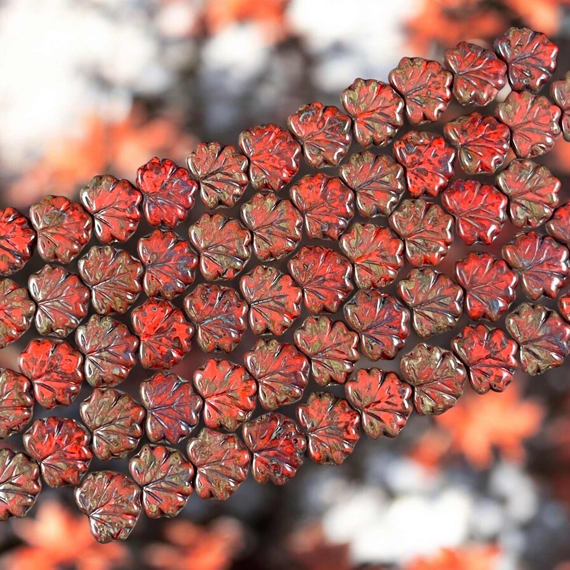 Opaque Coral Picasso Maple Leaf Beads, Travertine Picasso, 11x13mm Czech Glass Leaf Beads (ML70) * Qty. 12