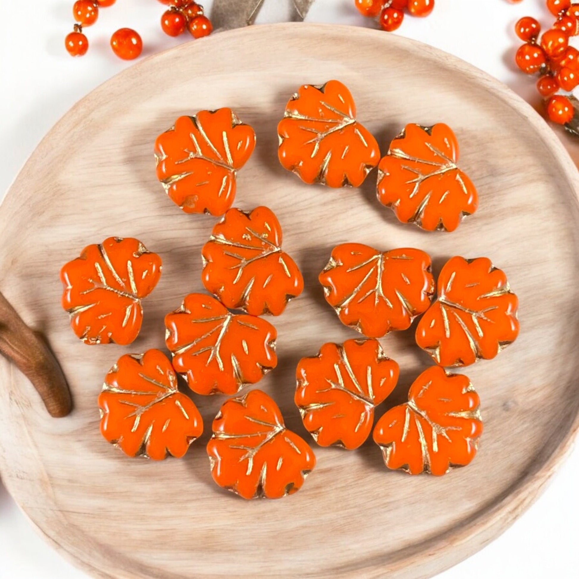 Orange Maple Leaf Beads, Opaque Orange with Gold Wash, 11x13mm Czech Glass Leaf Beads (ML82) * Qty. 12