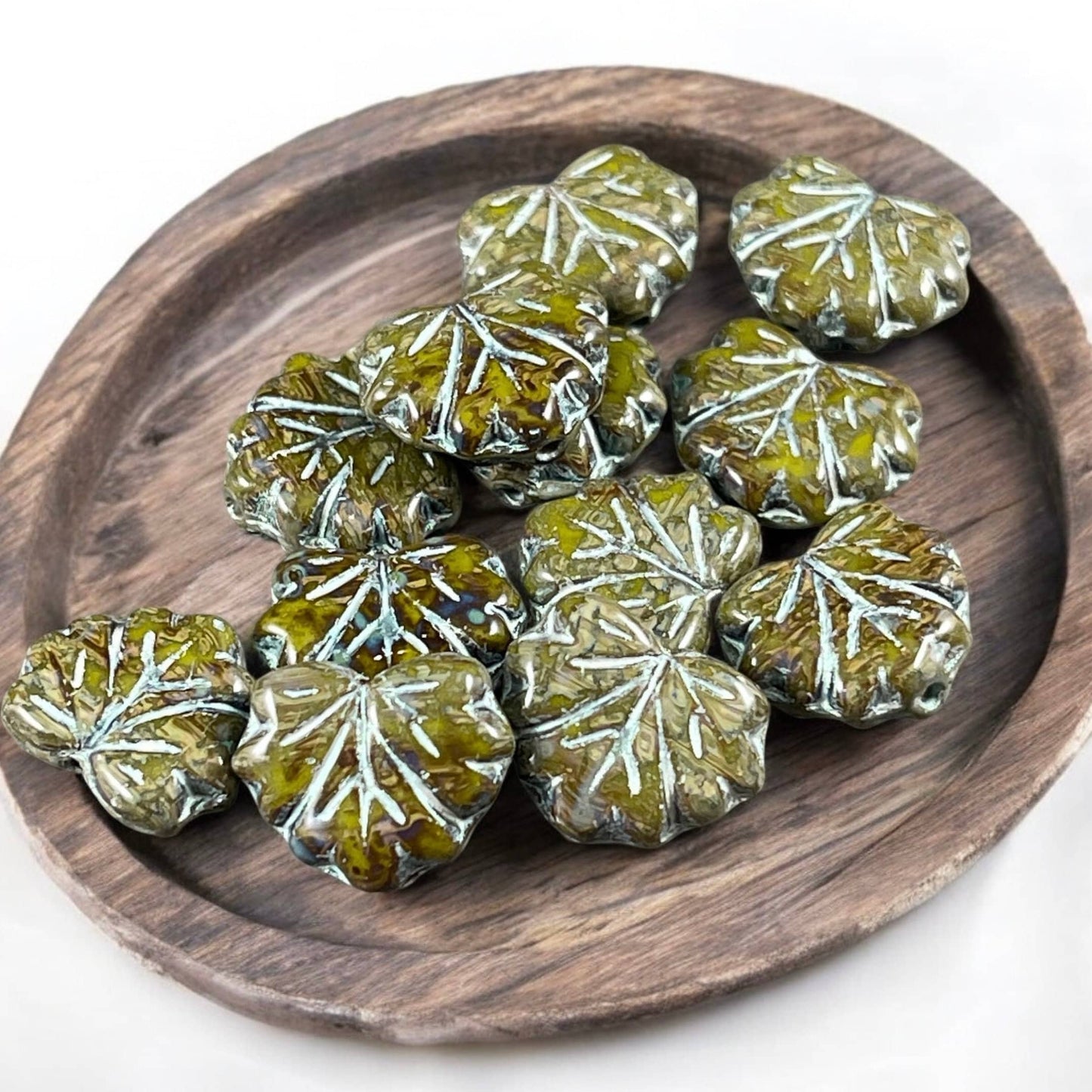 Olive Green Picasso Maple Leaf Beads, Travertine Picasso and Silver Wash, 11x13mm Czech Glass Leaf Beads (ML83) * Qty. 12