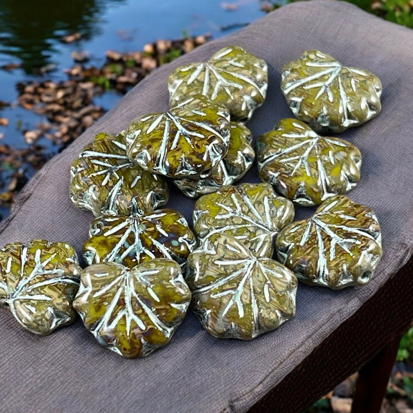 Olive Green Picasso Maple Leaf Beads, Travertine Picasso and Silver Wash, 11x13mm Czech Glass Leaf Beads (ML83) * Qty. 12