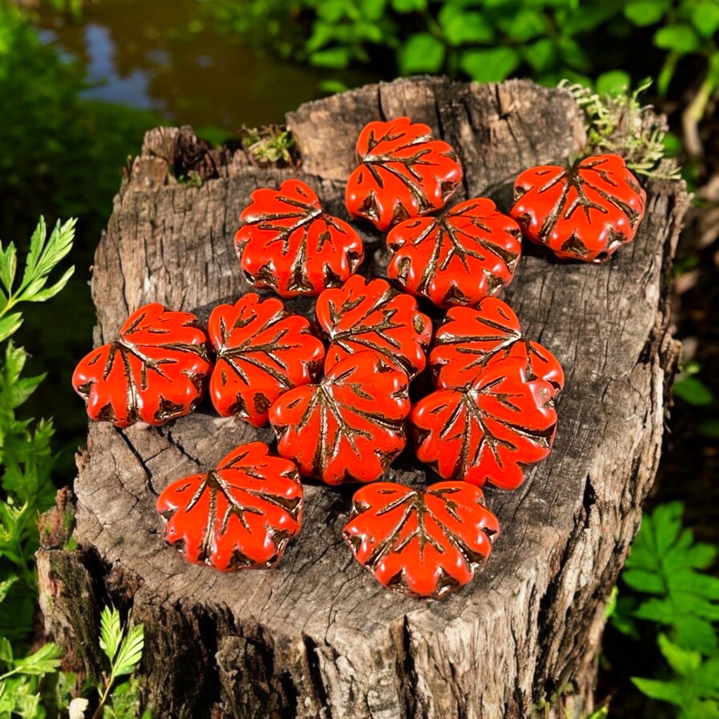 Dark Orange Maple Leaf Beads, Opaque Orange with Bronze Wash 11x13mm Czech Glass Leaf Beads (ML71) * Qty. 12