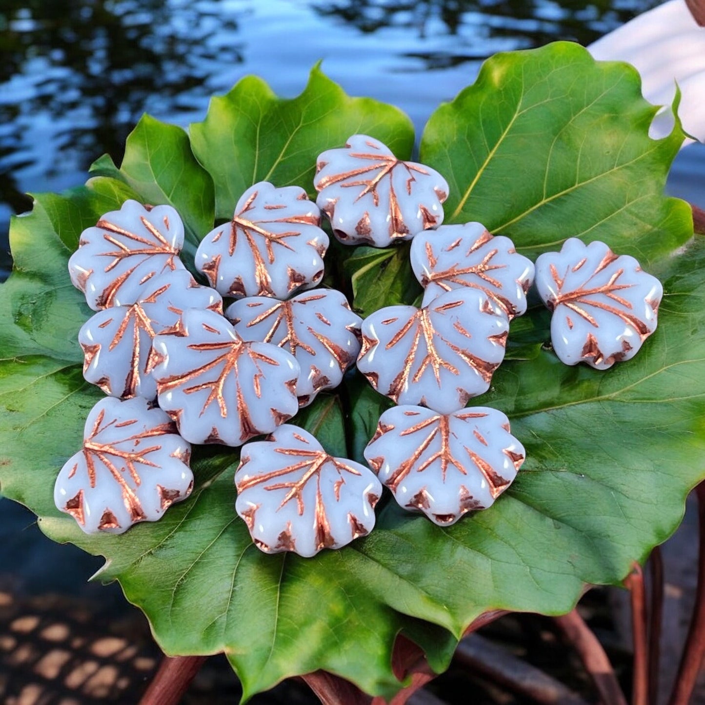 Periwinkle Maple Leaf Beads, 11x13mm Czech Glass Leaf Beads, Periwinkle Leaf with Copper Wash (ML75) * Qty. 12