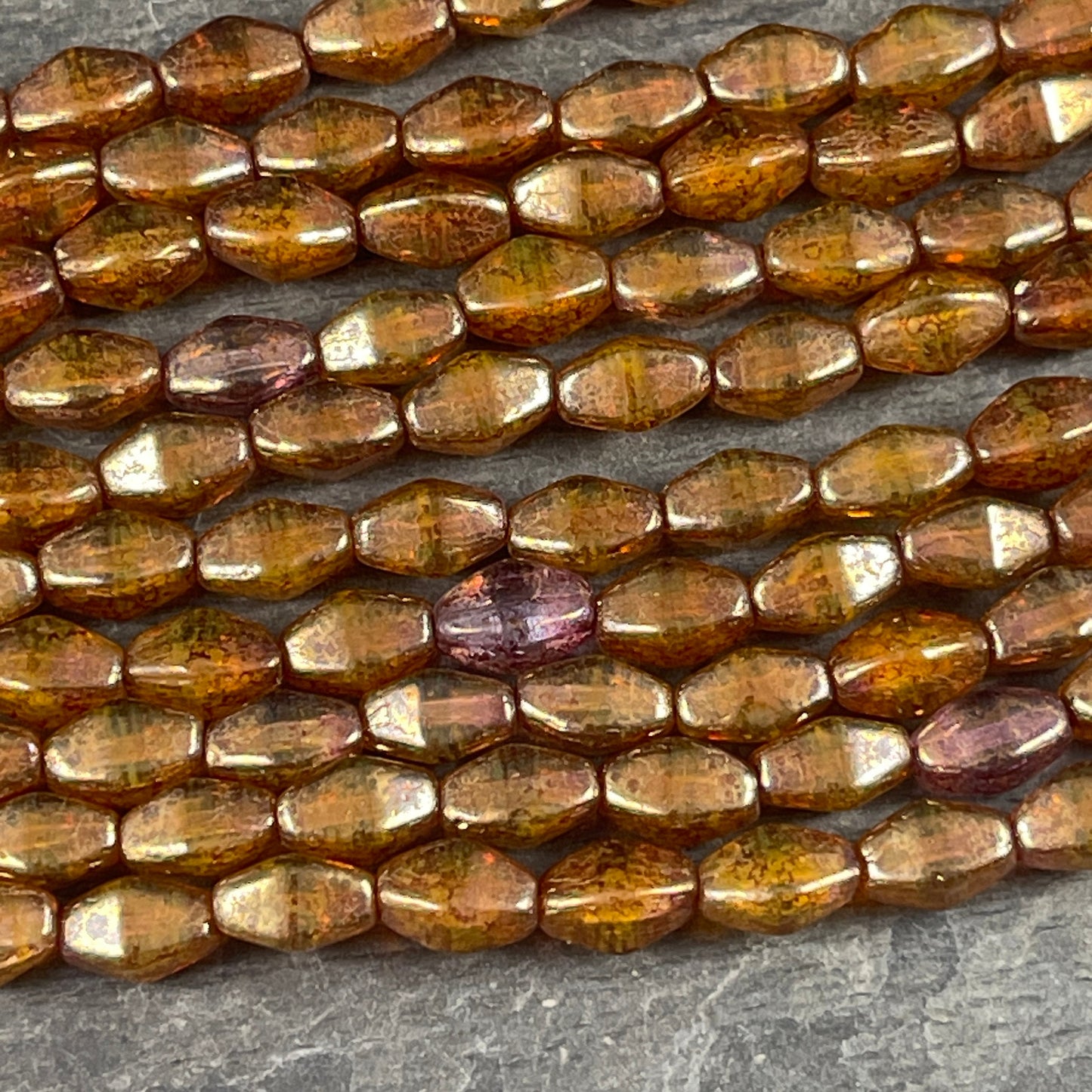 Bronze Picasso Czech Glass Beads, 8x6mm Semi-Transparent Brown Elongated Bicone (EB6) * Qty. 16