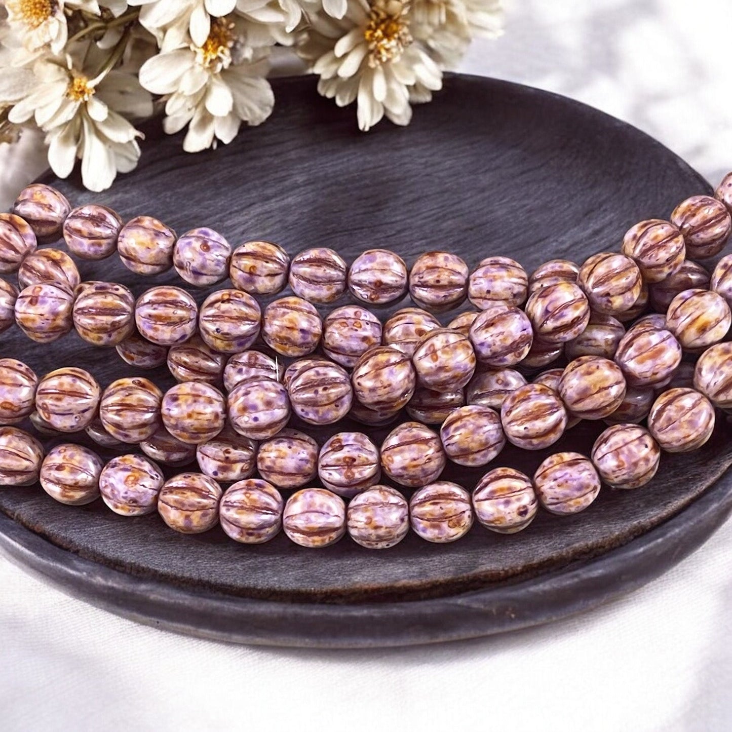 Czech Glass Beads - 6mm Melon Bead, Opaque Alabaster Lilac Picasso (ML6/89) * Qty. 25