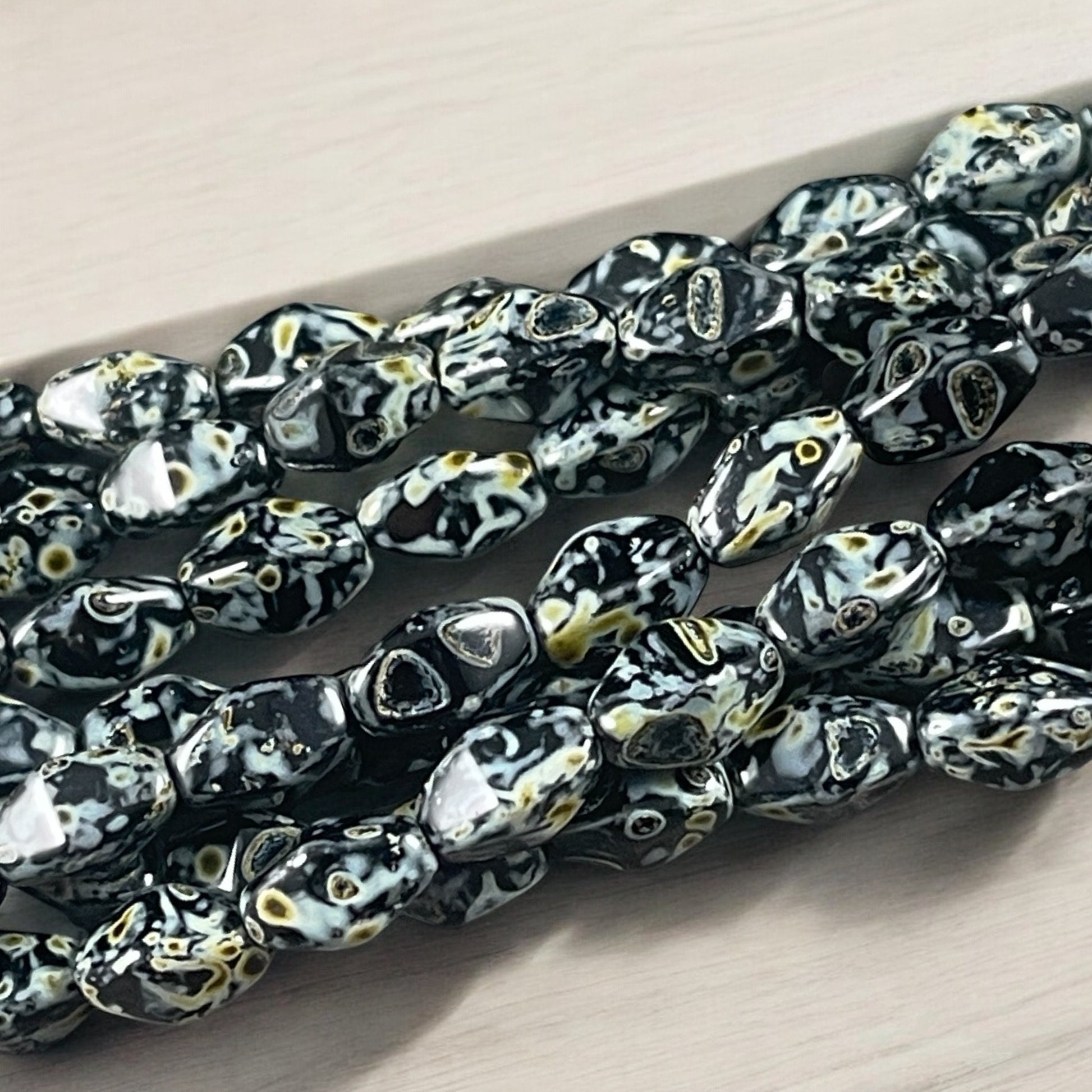 Black Picasso Beads, Elongated Bicone - 8x6mm Czech Glass Beads, Black with Full Picasso Finish (EB2) * Qty. 16