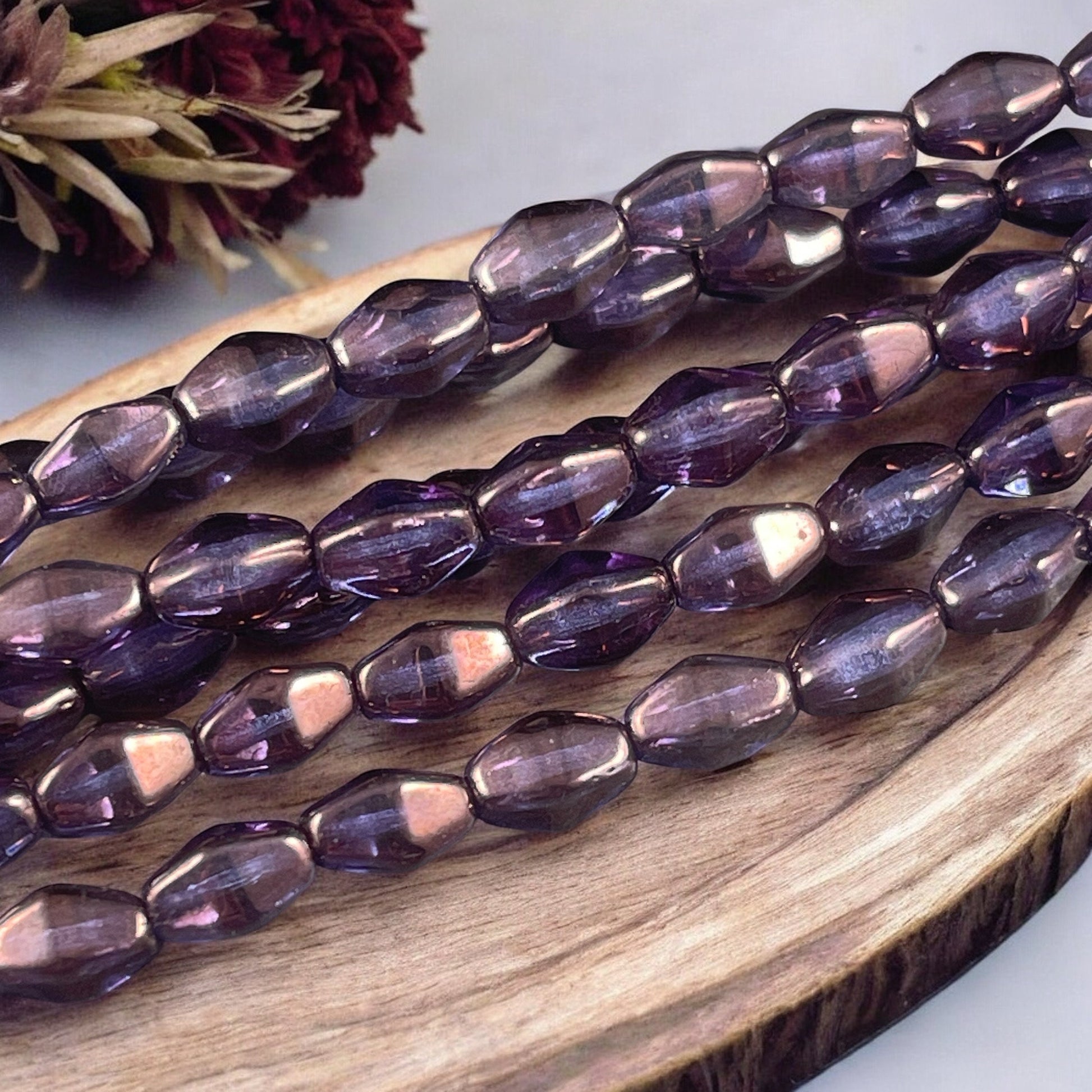 Semi-Transparent Purple Luster Czech Glass Beads, 8x6mm Blue Iris Elongated Bicone (EB3) * Qty. 16