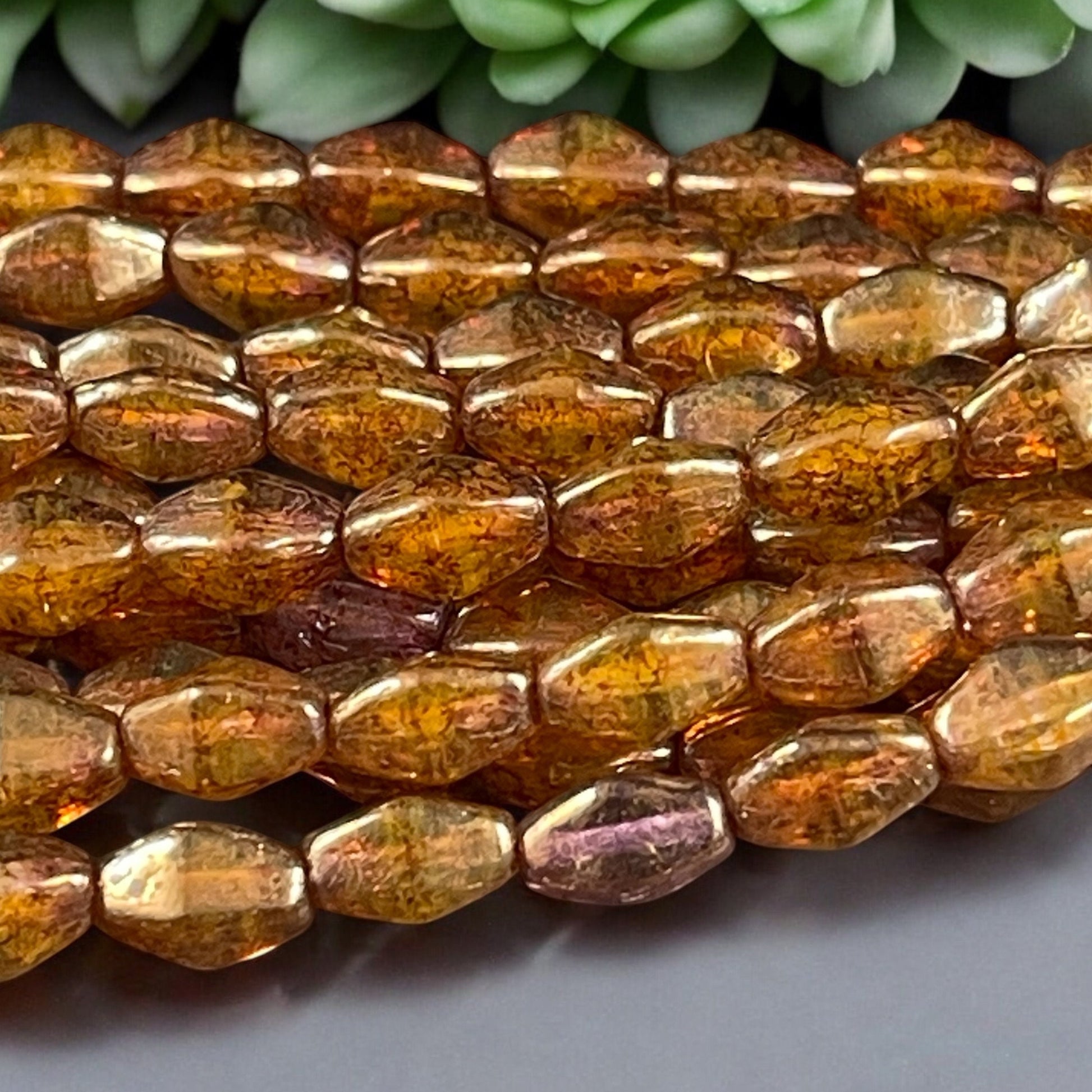 Bronze Picasso Czech Glass Beads, 8x6mm Semi-Transparent Brown Elongated Bicone (EB6) * Qty. 16