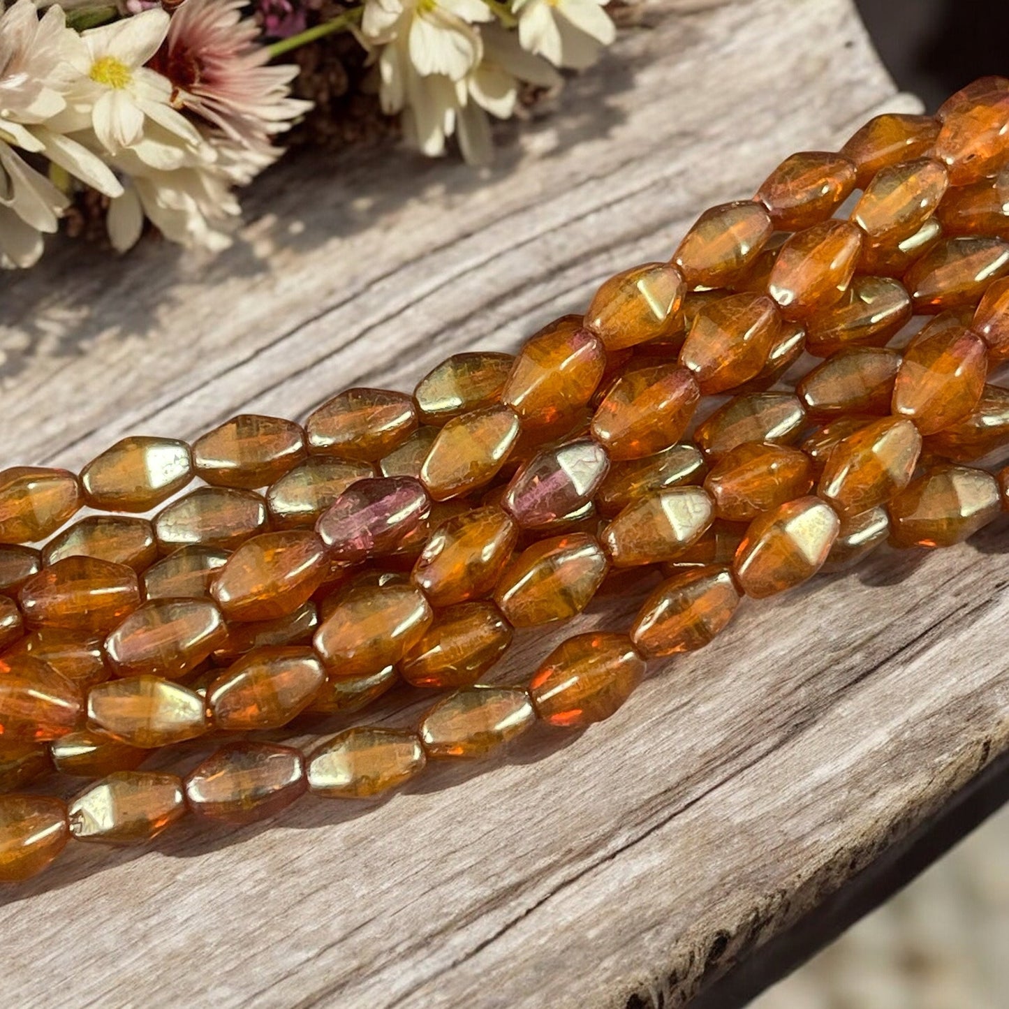 Czech Glass Beads - Semi-Transparent Caramel with Bronze Luster, 8x6mm Elongated Bicone (EB8) * Qty. 16