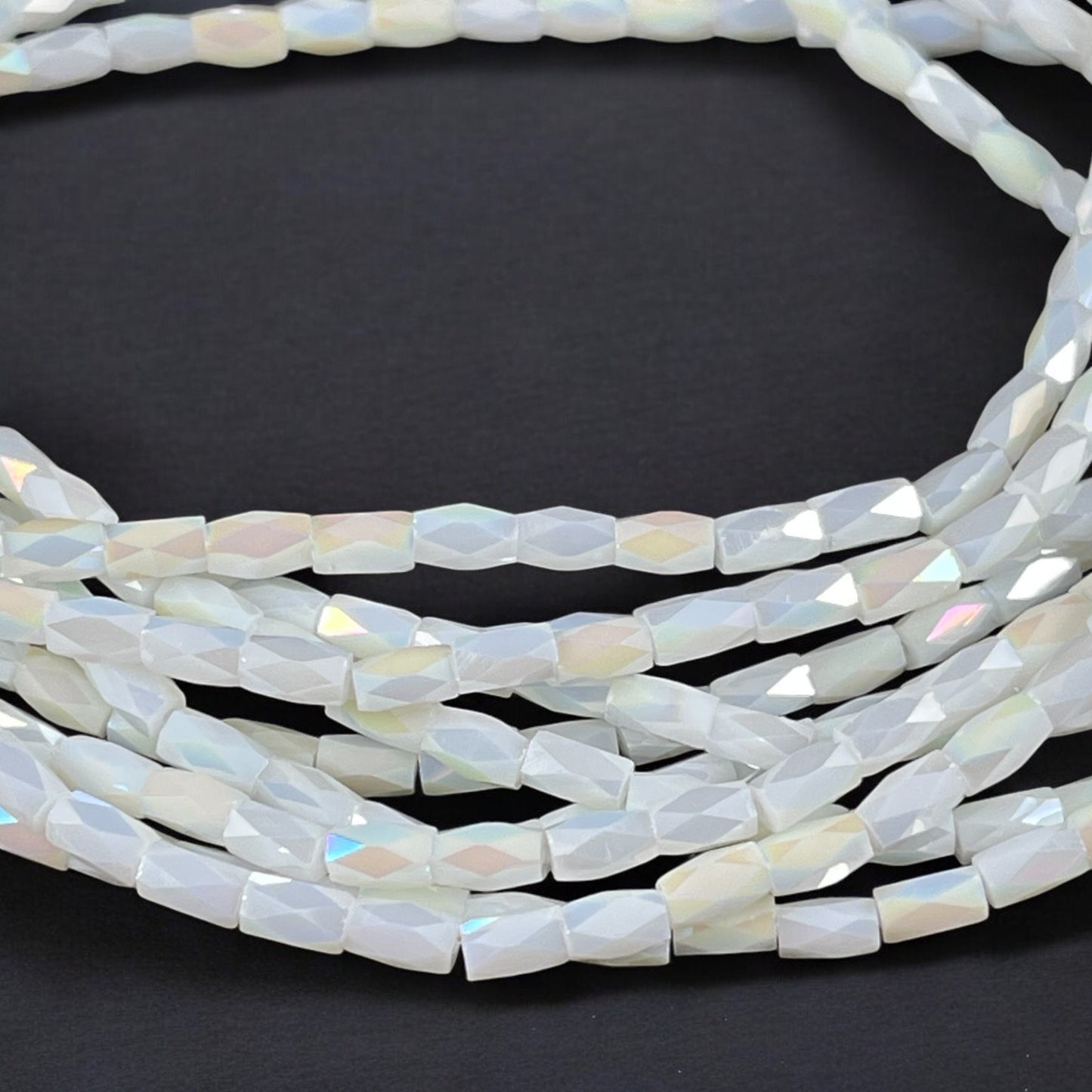 Opaque White AB 5mm Faceted Tube Beads, Shiny White Glass Bead, 5x3mm Tube Beads (FGT-OWAB1) * 17" Strand