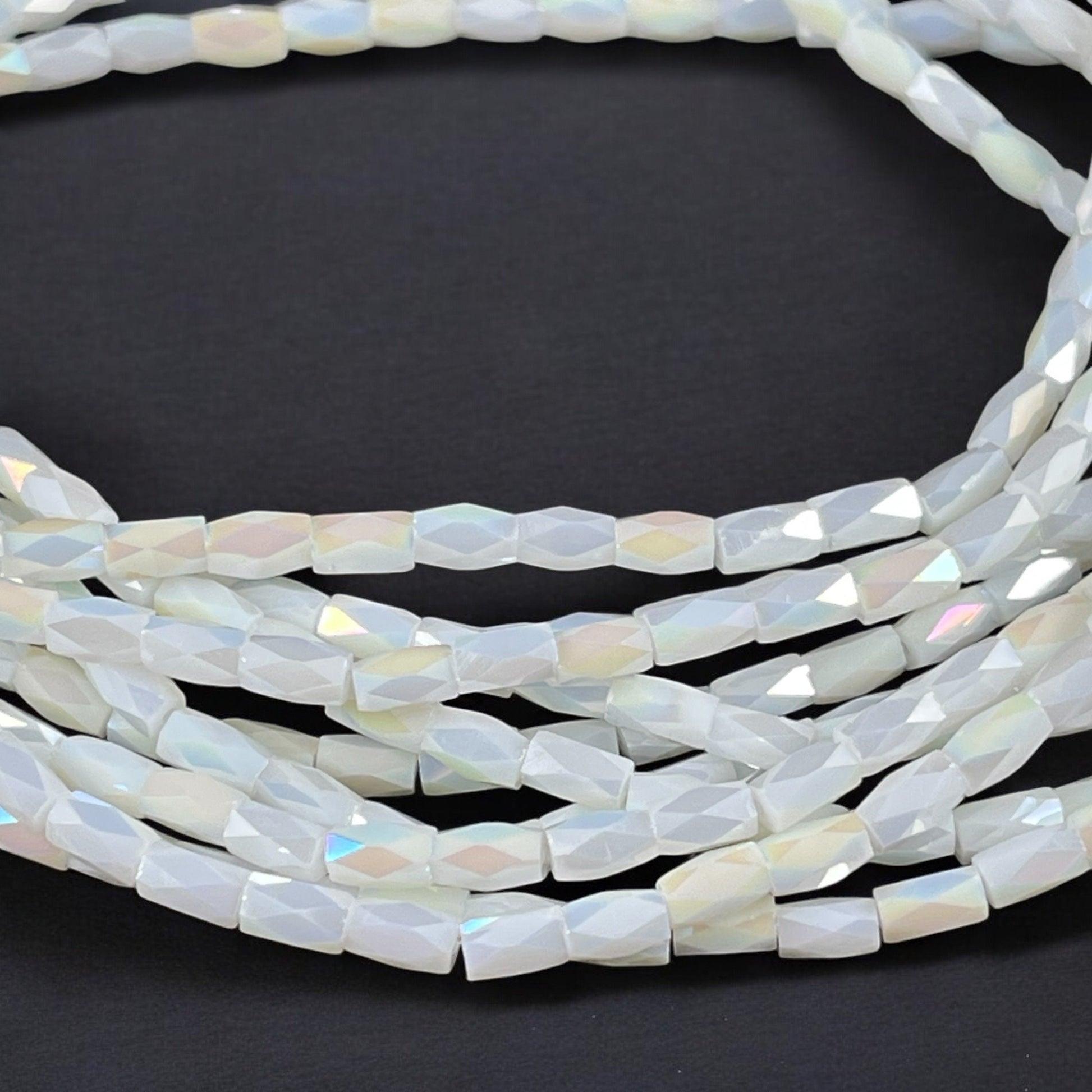 Opaque White AB 5mm Faceted Tube Beads, Shiny White Glass Bead, 5x3mm Tube Beads (FGT-OWAB1) * 17" Strand