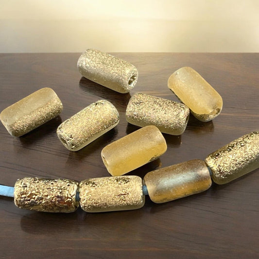 14x7mm Large Hole Czech Glass Tube Bead, Etched Gold Glass with AB and Gold Finishes, 2mm Hole (TUBE/N-1372) * Qty. 10