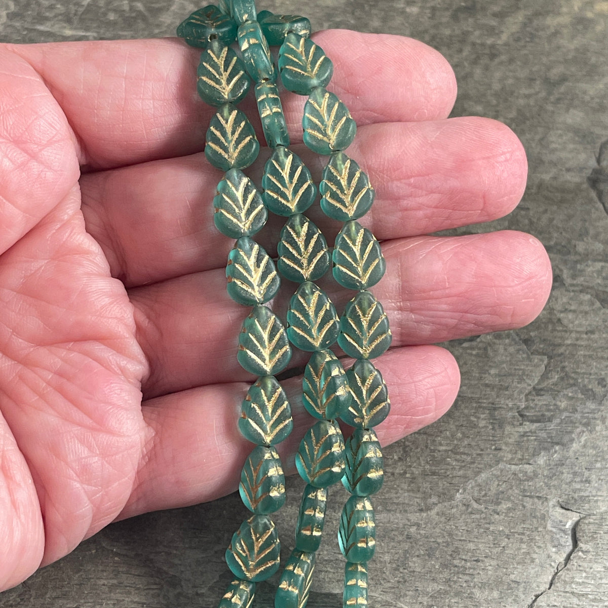 Czech Glass - 10x8mm Mint Leaf Bead, Matte Aqua with Gold Wash (Mint25) * Qty. 16