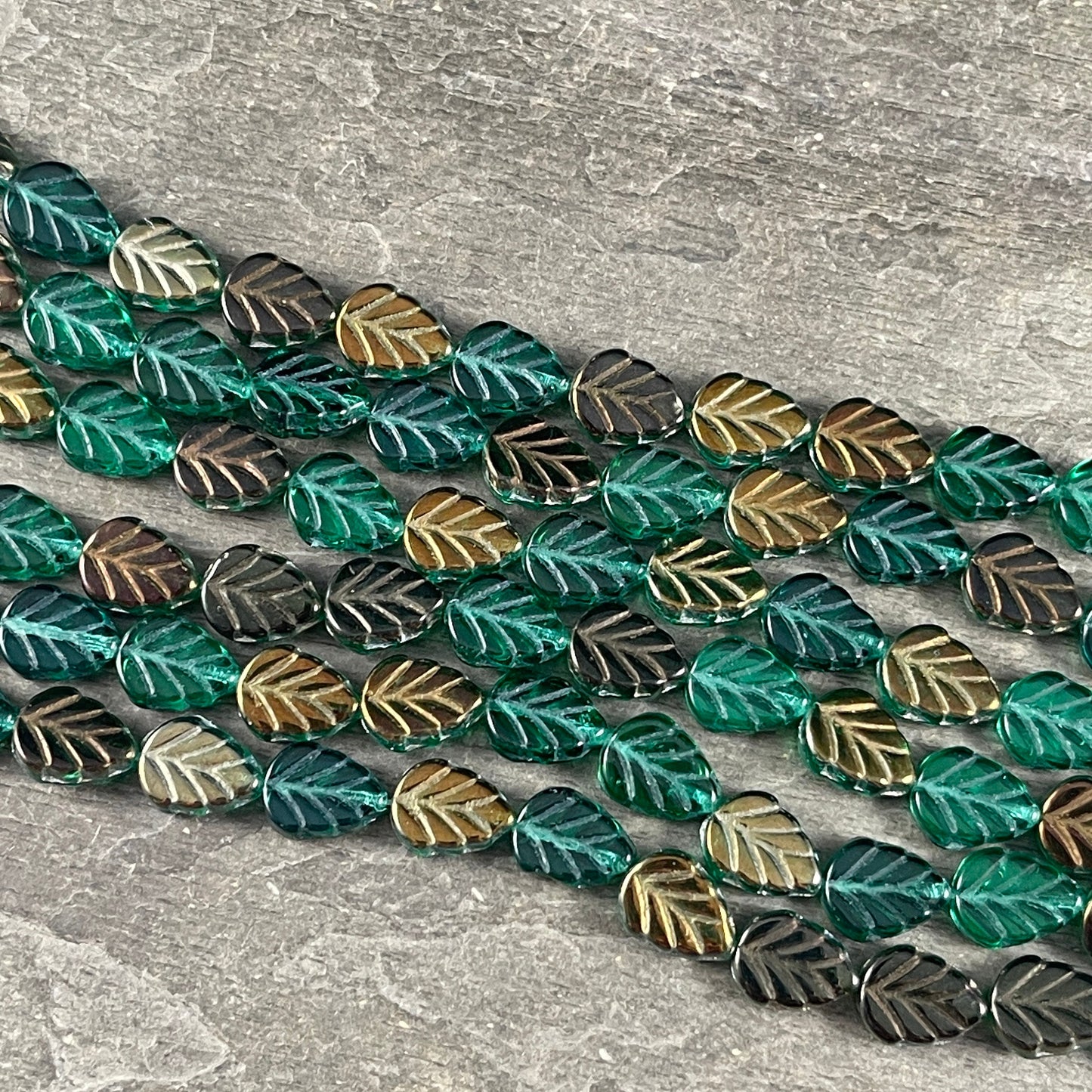 Emerald Green Leaf with Metallic Gold and Bronze Half Coat, 10x8mm Mint Leaf Czech Glass Beads (Mint20) * Qty. 16