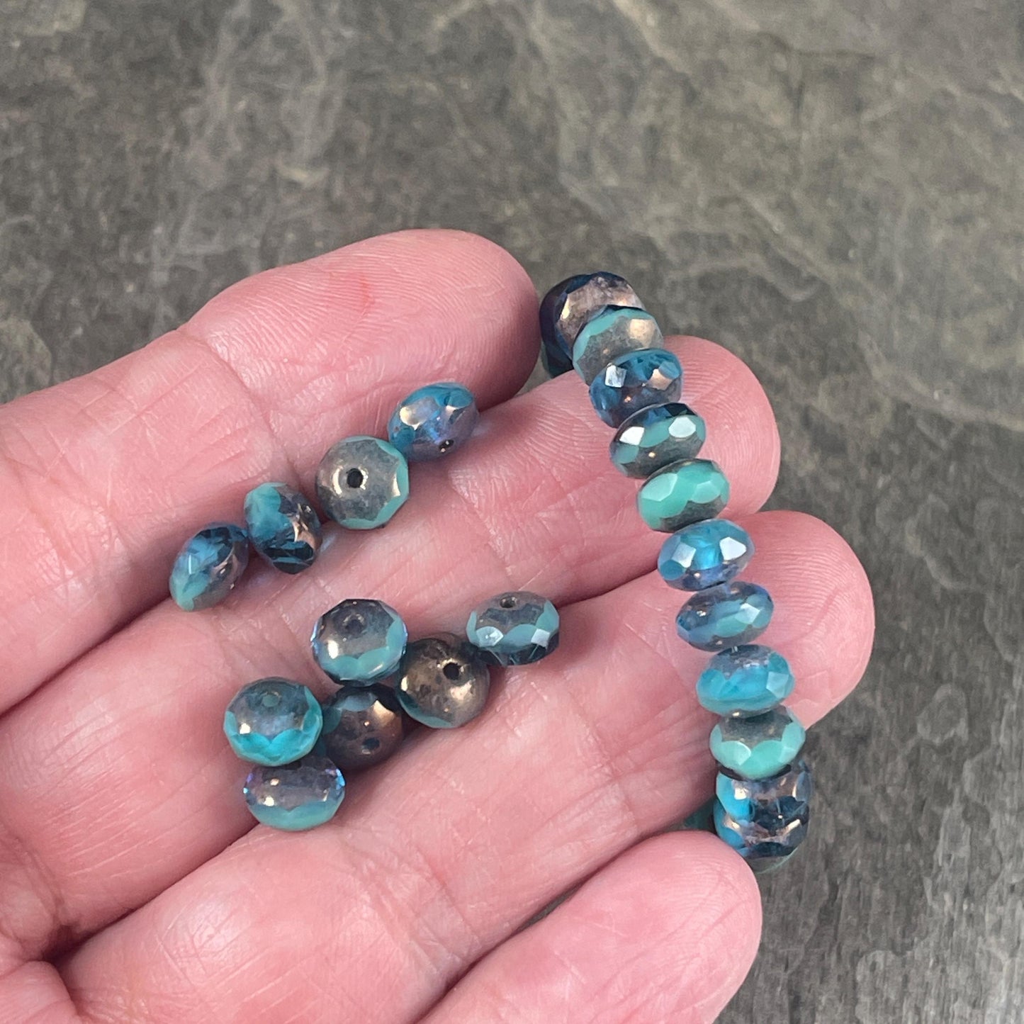 Turquoise and Capri Blue Czech Beads 7x5mm Rondelle Czech Glass Beads Two-Tone Blue Mix with Bronze Picasso (R7/RJ-2477) * Qty. 25