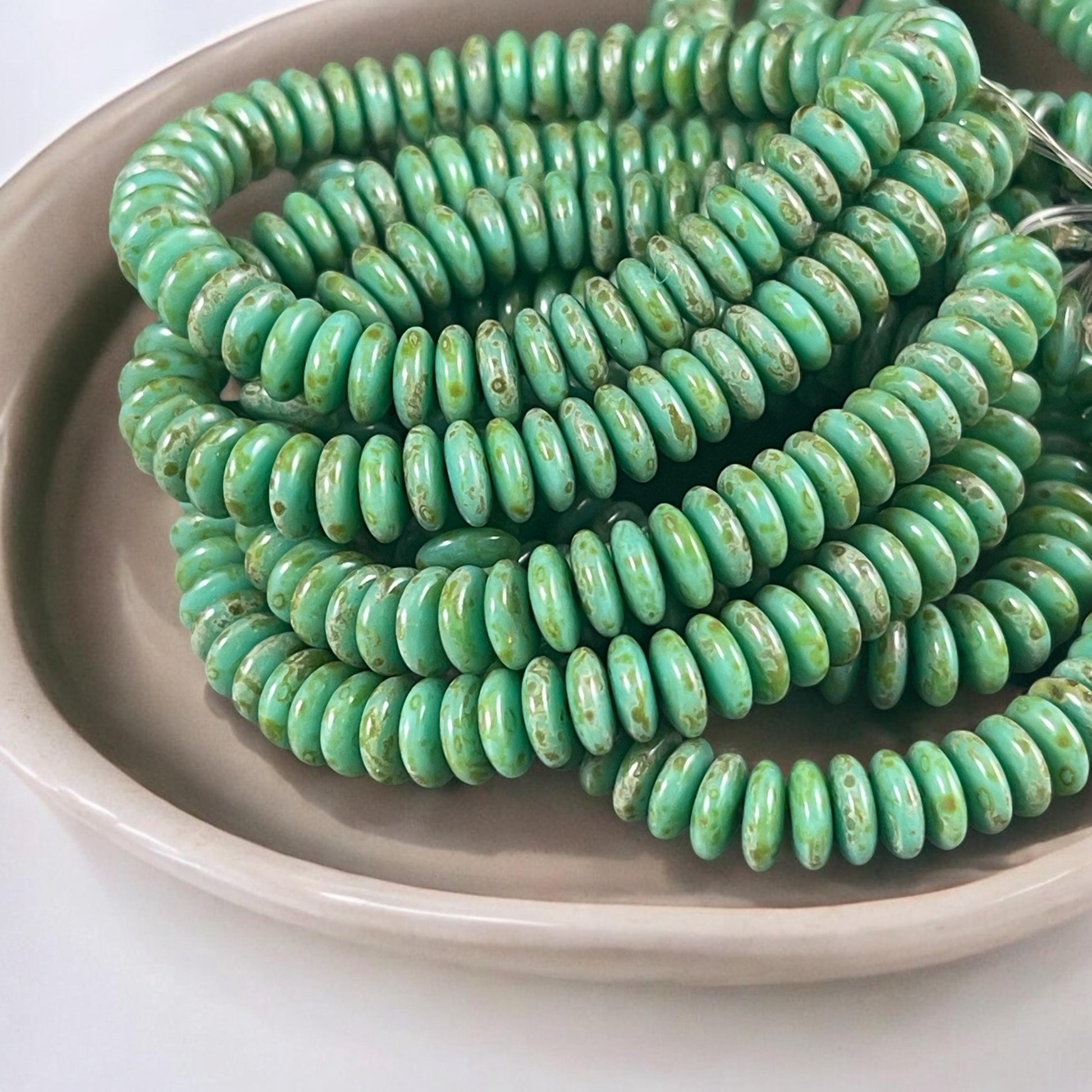 Czech Glass Beads - Turquoise Green Picasso Beads, 6x2mm Rondelle (RD6/RJ-3503) * Qty. 50