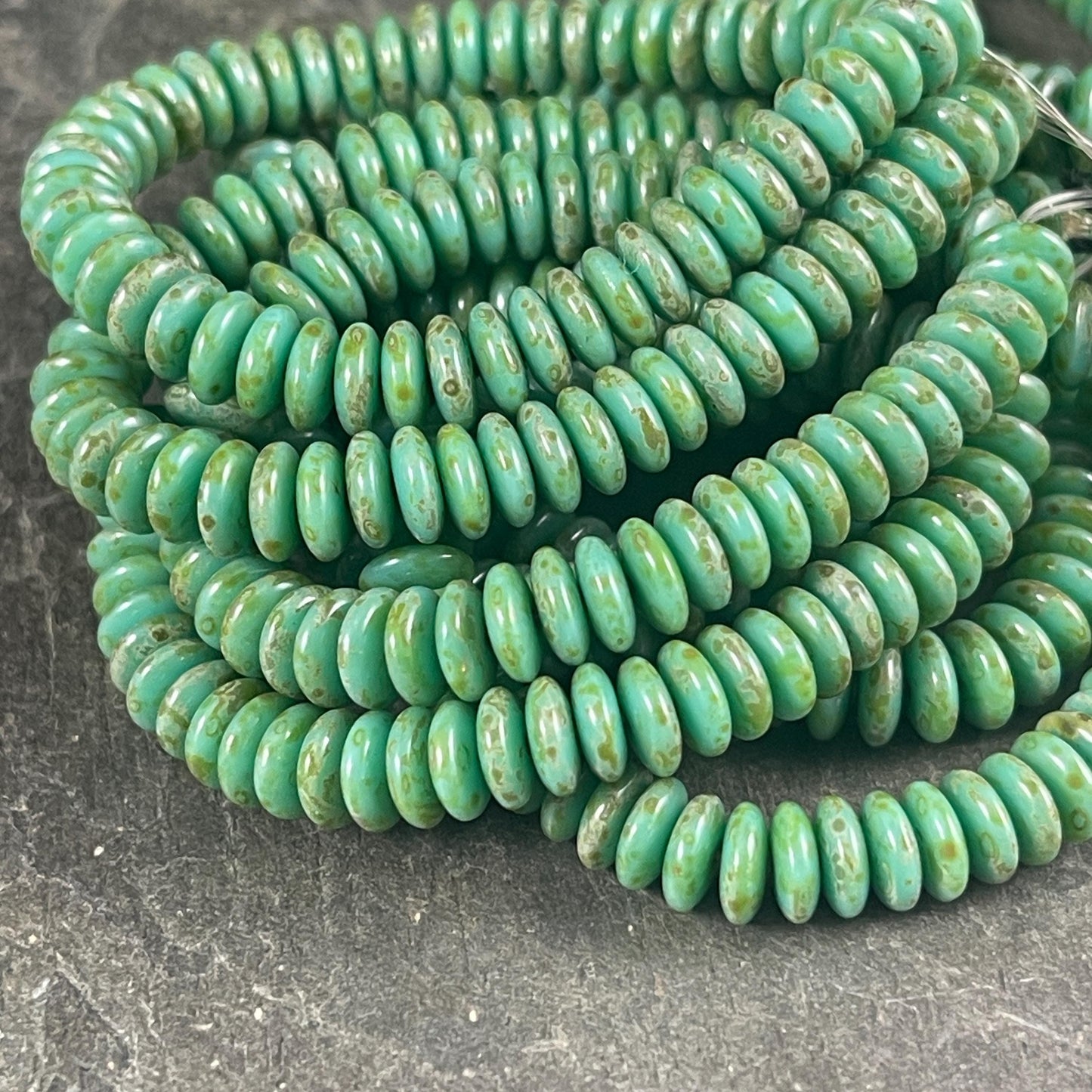 Turquoise Green Picasso Beads, 6x2mm Rondelle, Czech Glass Beads (RD6/RJ-3503) * Qty. 50