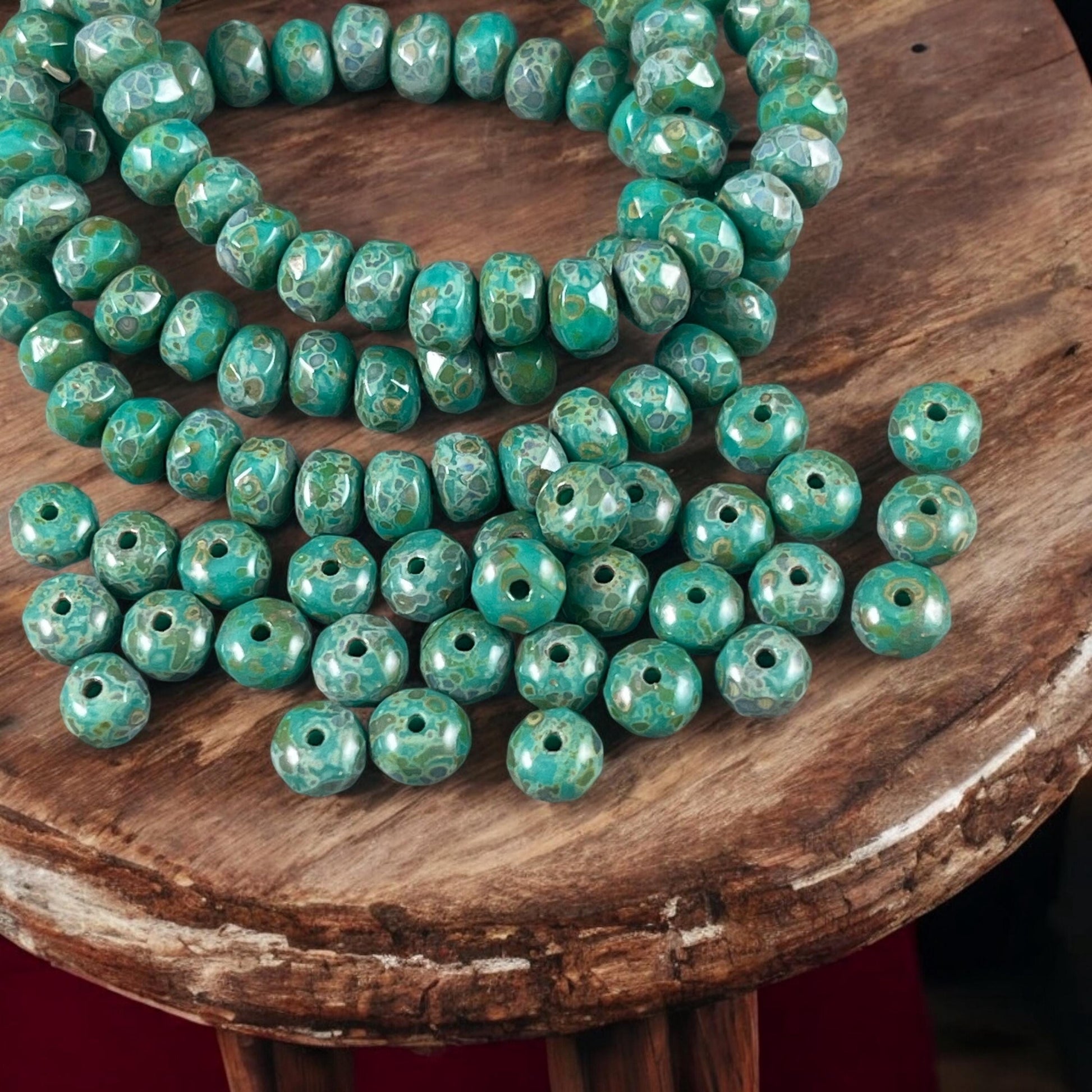 Czech Glass Beads - 5x3mm Faceted Rondelle, Turquoise Green Picasso Beads (R5/RJ-2310) * Qty. 30