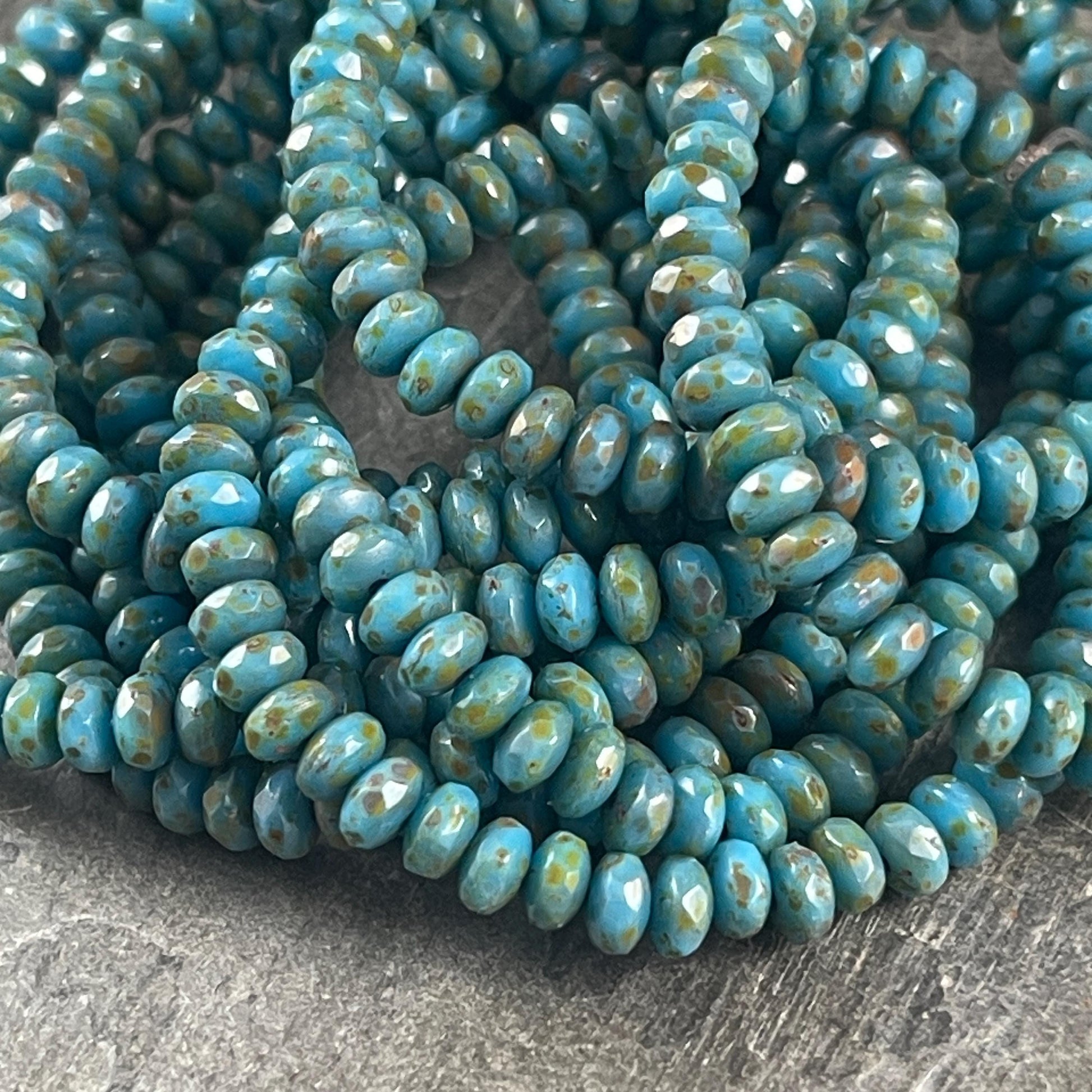 Czech Glass Beads - Dark Sky Blue 5x3mm Faceted Rondelles, Opaque Sky Blue with Picasso Finish (RON3/N-1995) * Qty. 50