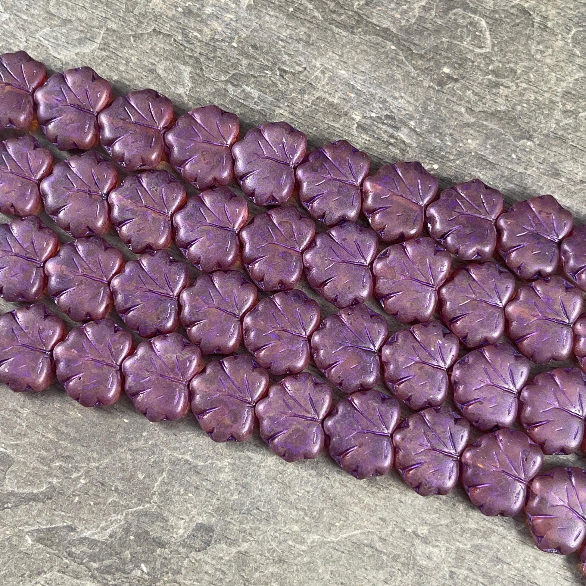 Czech Glass Beads - 11x13mm Leaf Beads, Matte Transparent Plum Berry (ML68) * Qty. 12