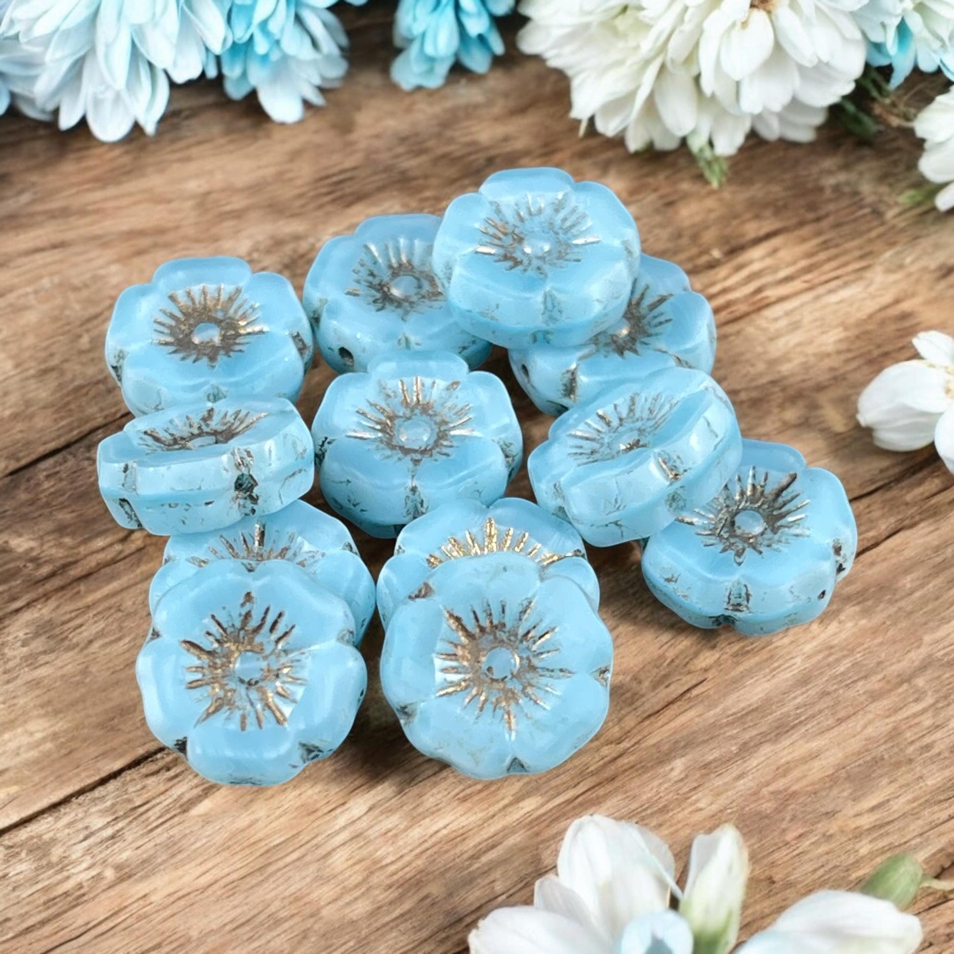 Czech Beads - 12mm Hibiscus Flower, Baby Blue Silk Glass with Gold Wash (FL12/RJ-1144) * 6 Beads