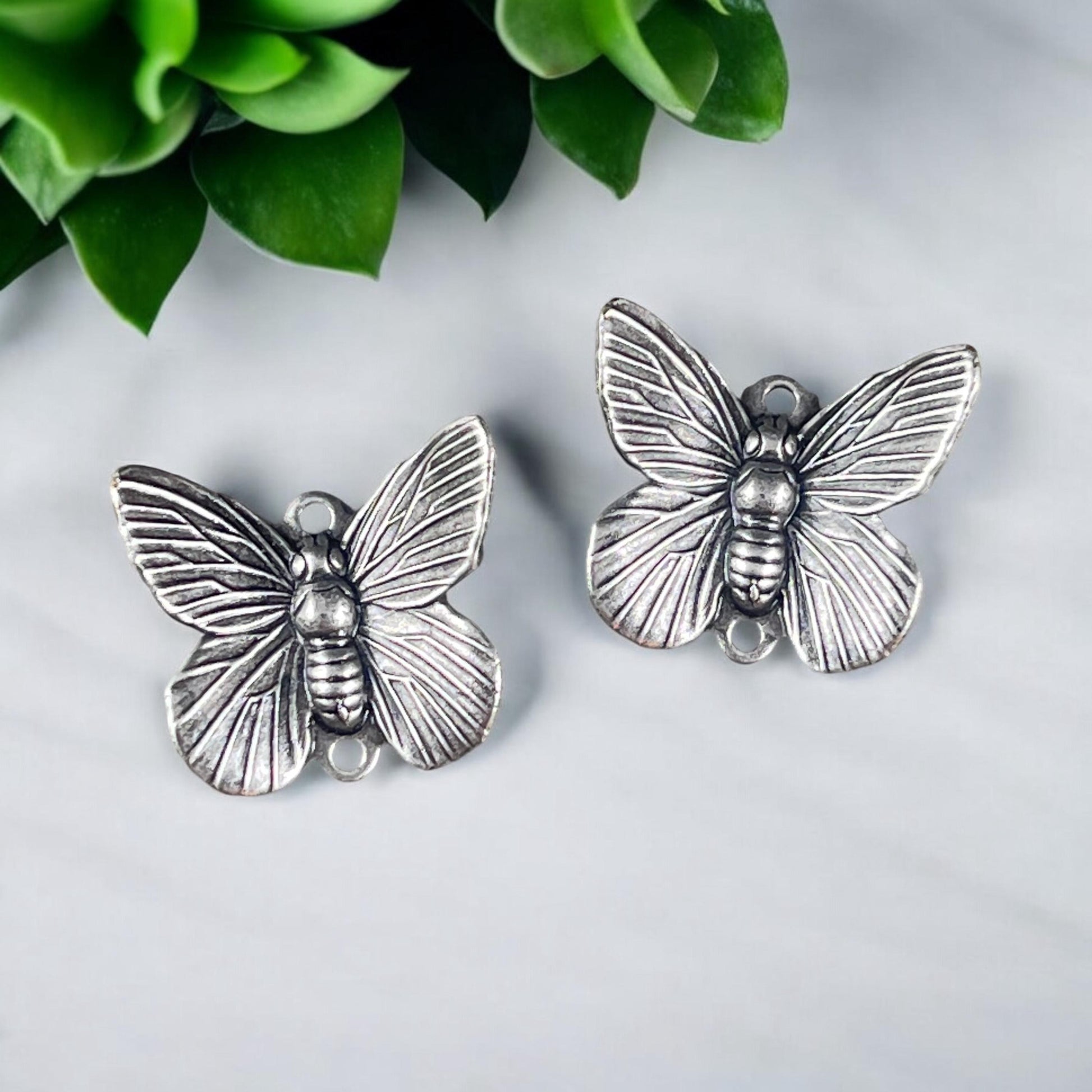 Antiqued Silver Butterfly Link, Silver Plated Brass Butterfly Connector, Lightweight Vintage Style Earring Components (VJS/X415a) * Qty. 2