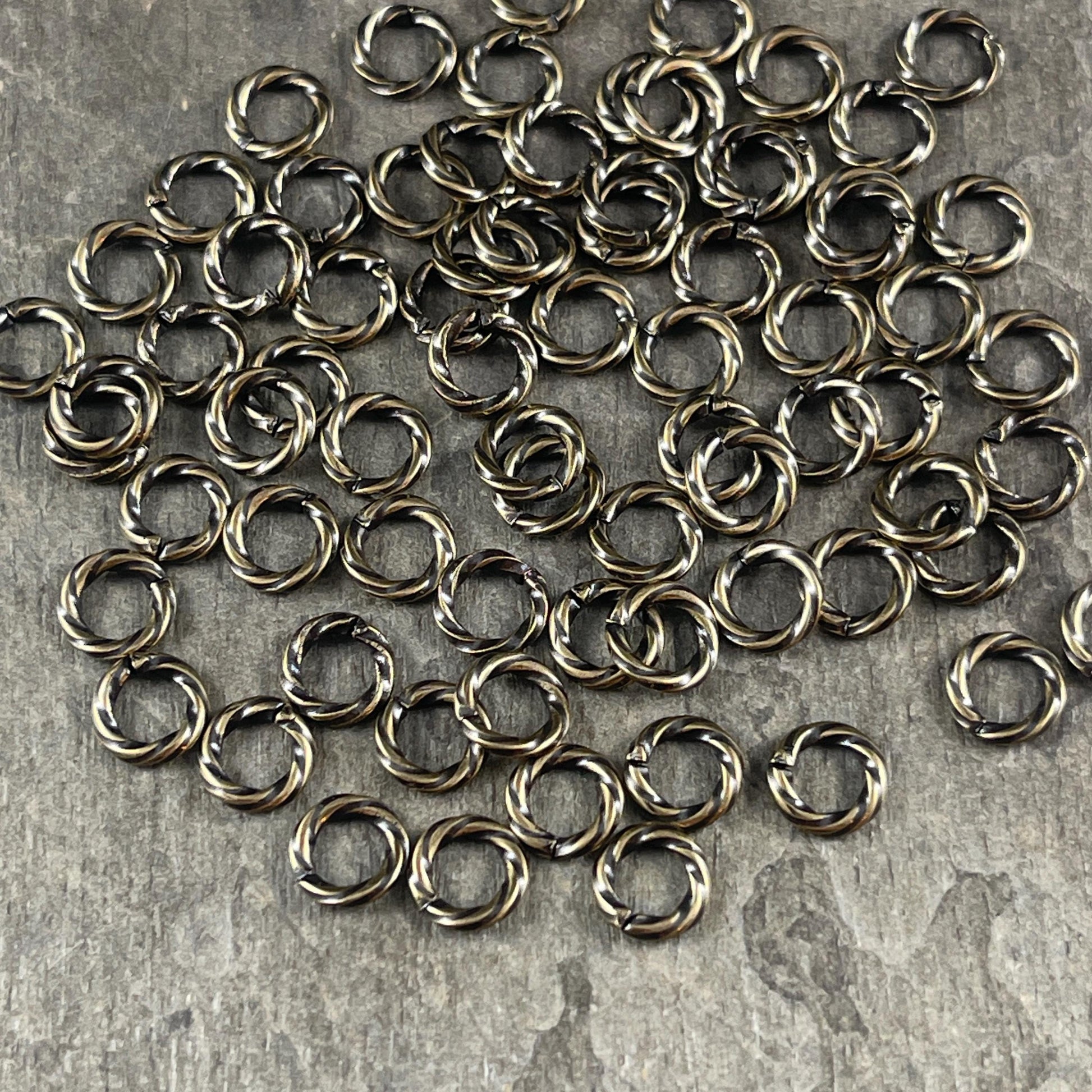 6mm Twisted Jump Rings, Antiqued Brass 16g Decorative Open Jump Rings (5042) * Qty. 100