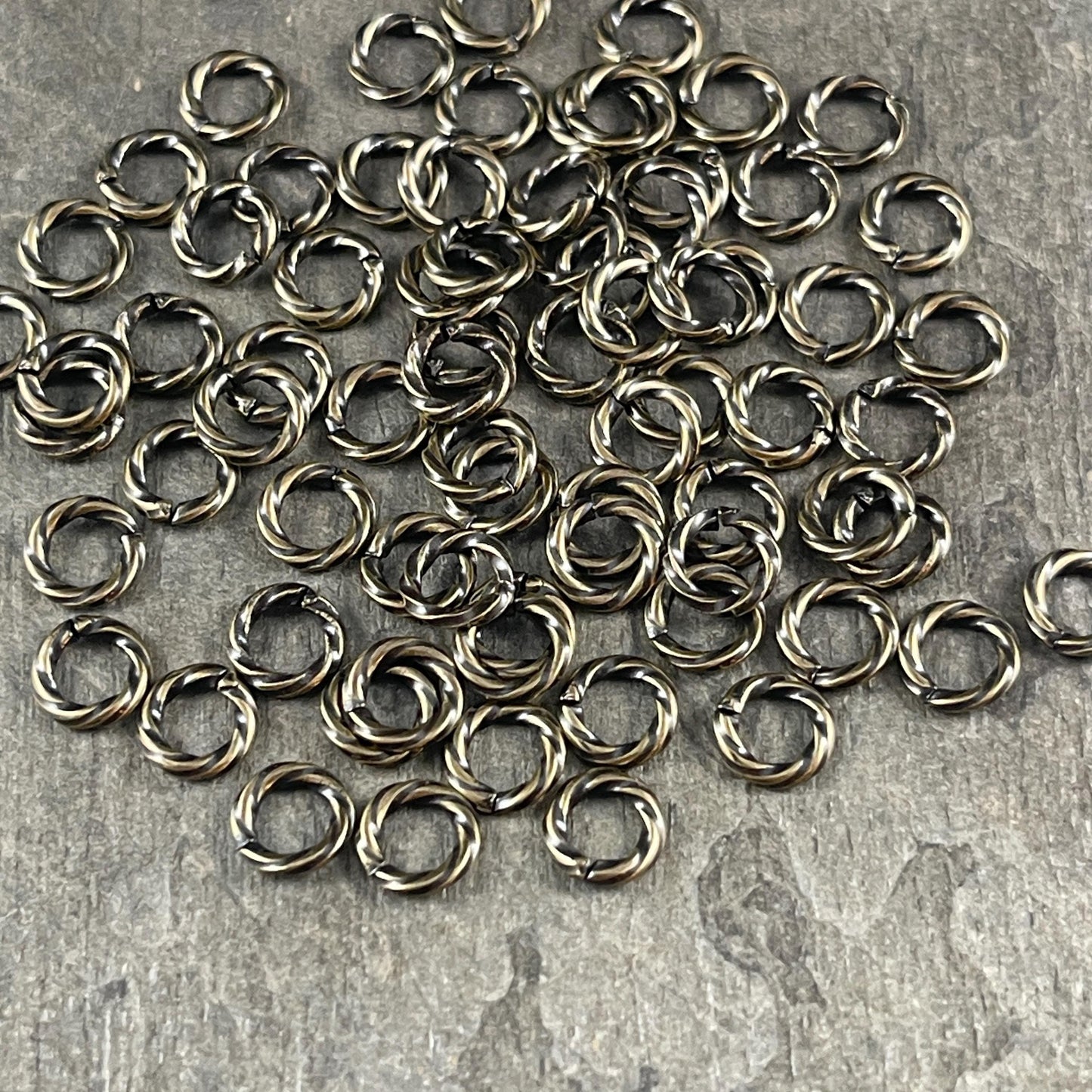 6mm Twisted Jump Rings, Antiqued Brass 16g Decorative Open Jump Rings (5042) * Qty. 100
