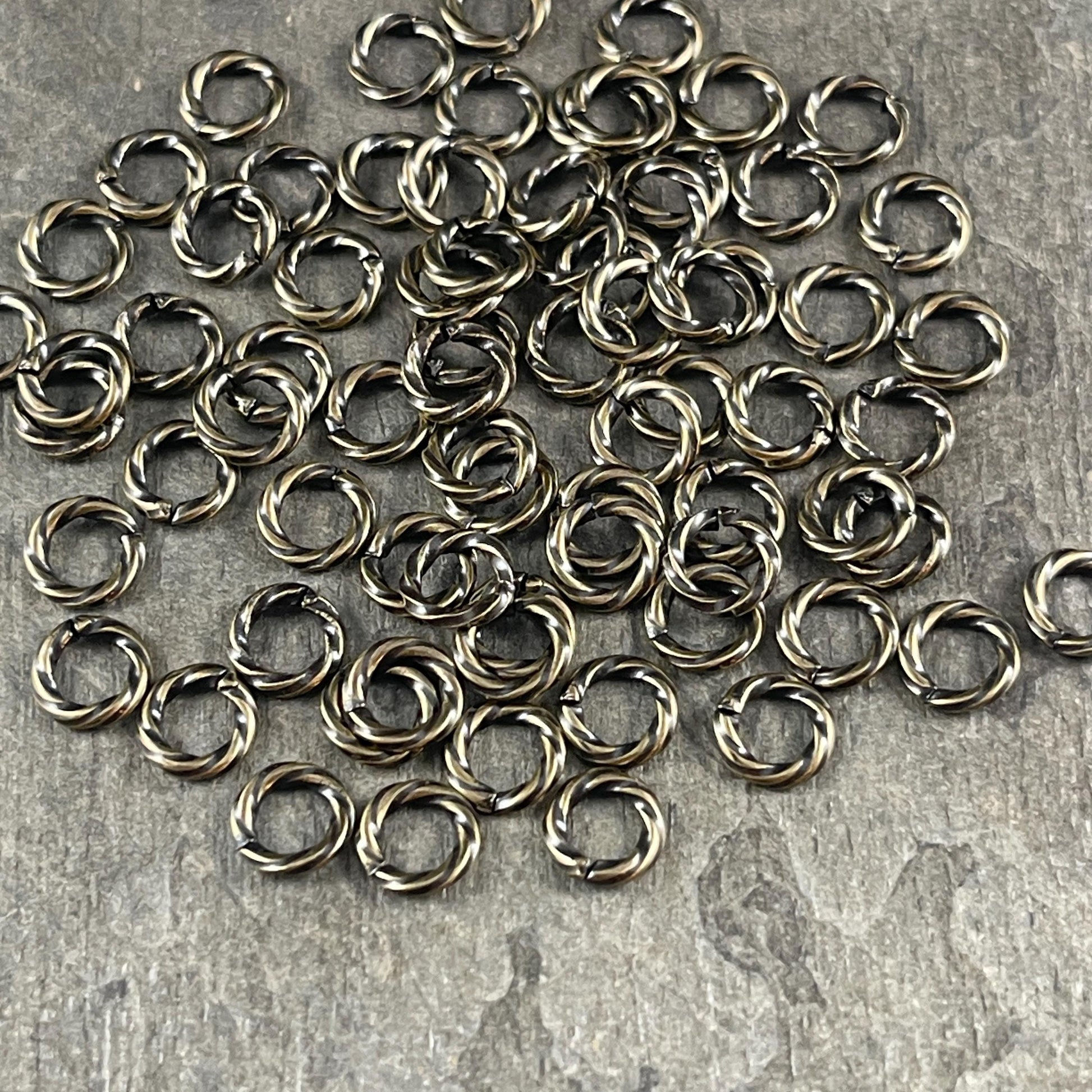 6mm Twisted Jump Rings, Antiqued Brass 16g Decorative Open Jump Rings (5042) * Qty. 100