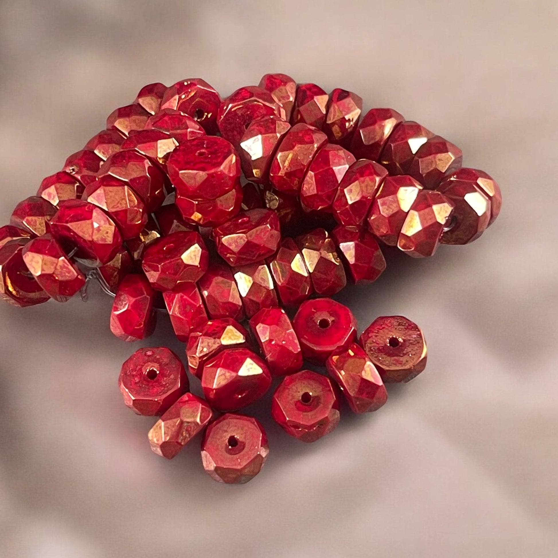 6mm Opaque Red Faceted Heishi Rondelle, Czech Glass Beads, Ruby Red with Golden Luster (FHE/N-0640) * 15 Beads