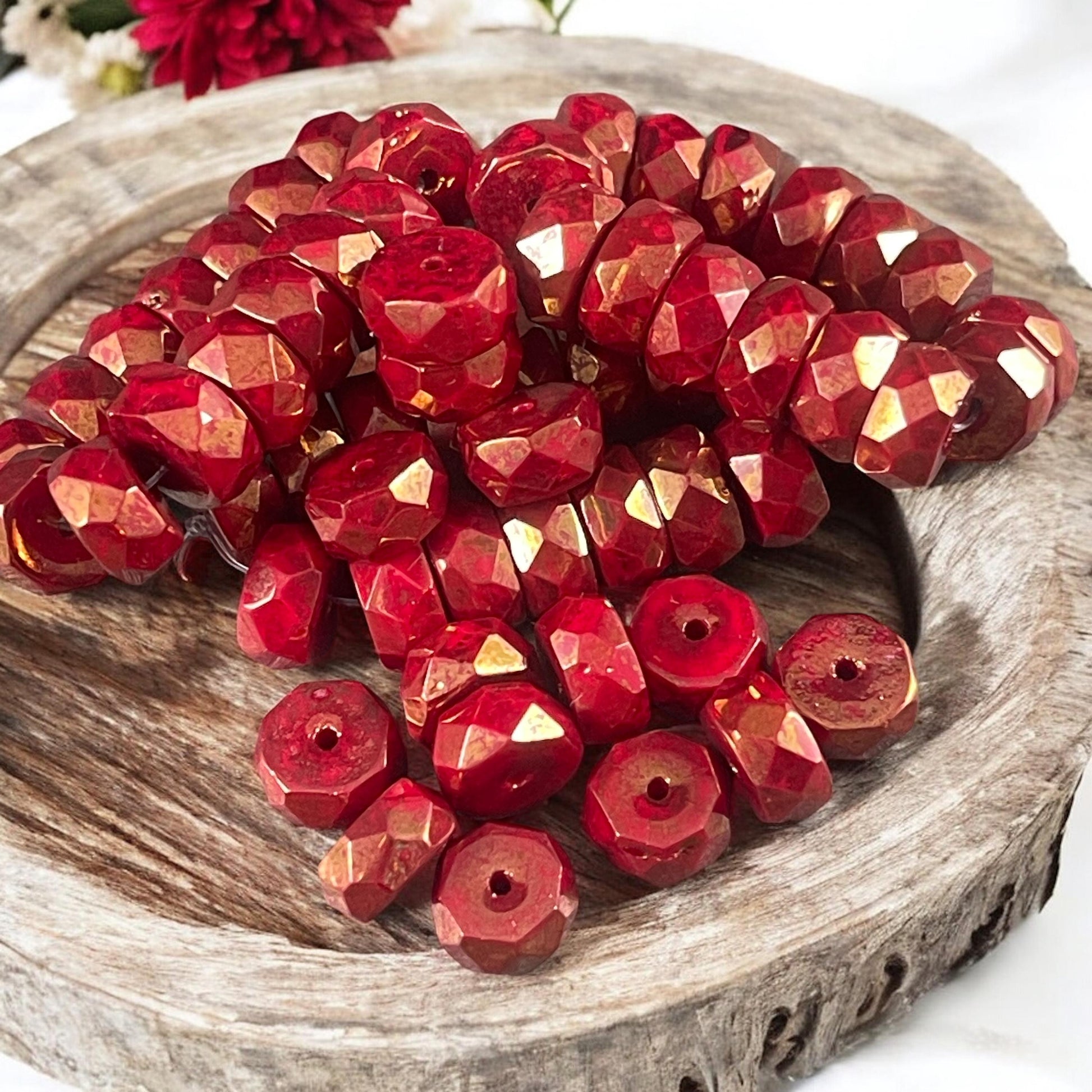 6mm Opaque Red Faceted Heishi Rondelle, Czech Glass Beads, Ruby Red with Golden Luster (FHE/N-0640) * 15 Beads