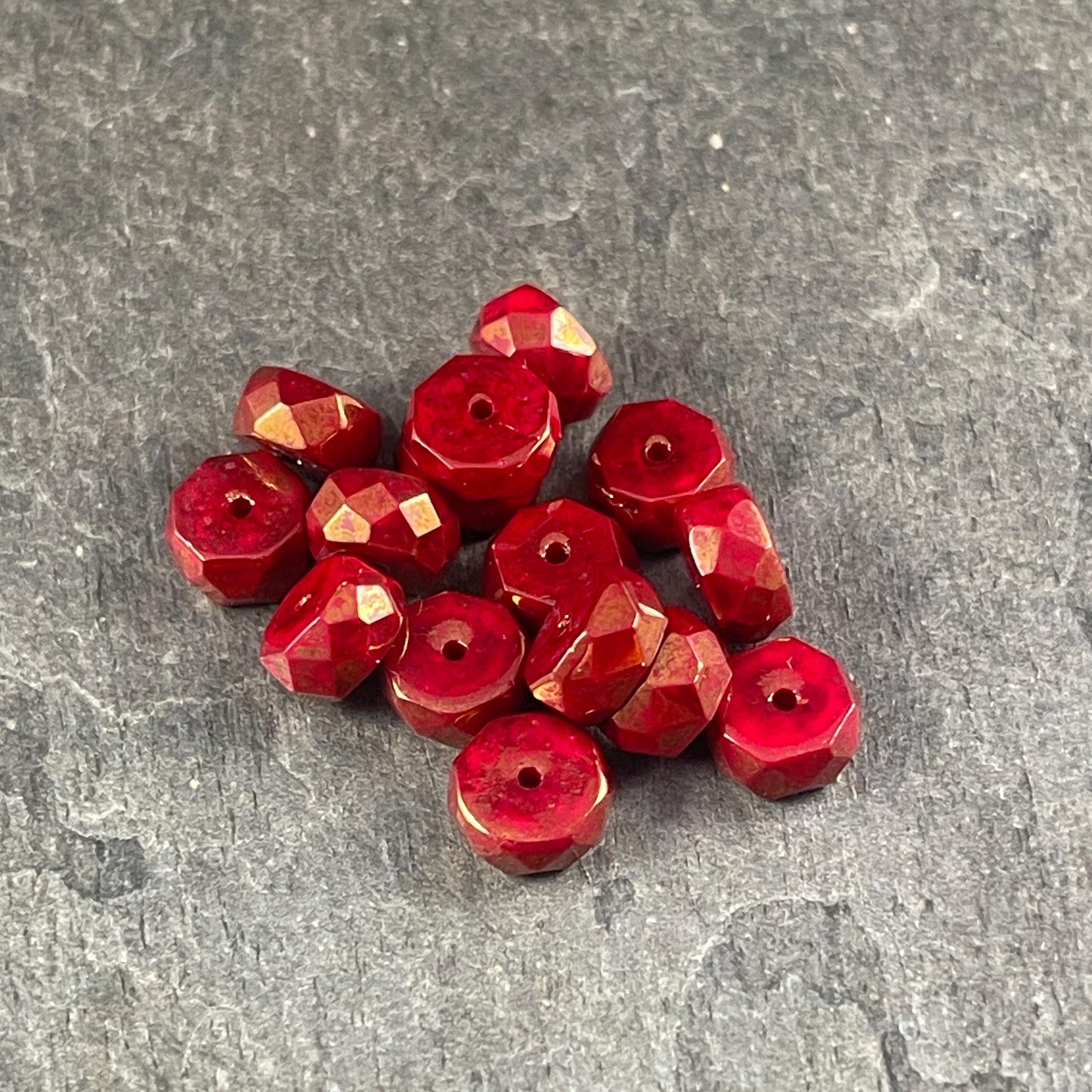 6mm Opaque Red Faceted Heishi Rondelle, Czech Glass Beads, Ruby Red with Golden Luster (FHE/N-0640) * 15 Beads