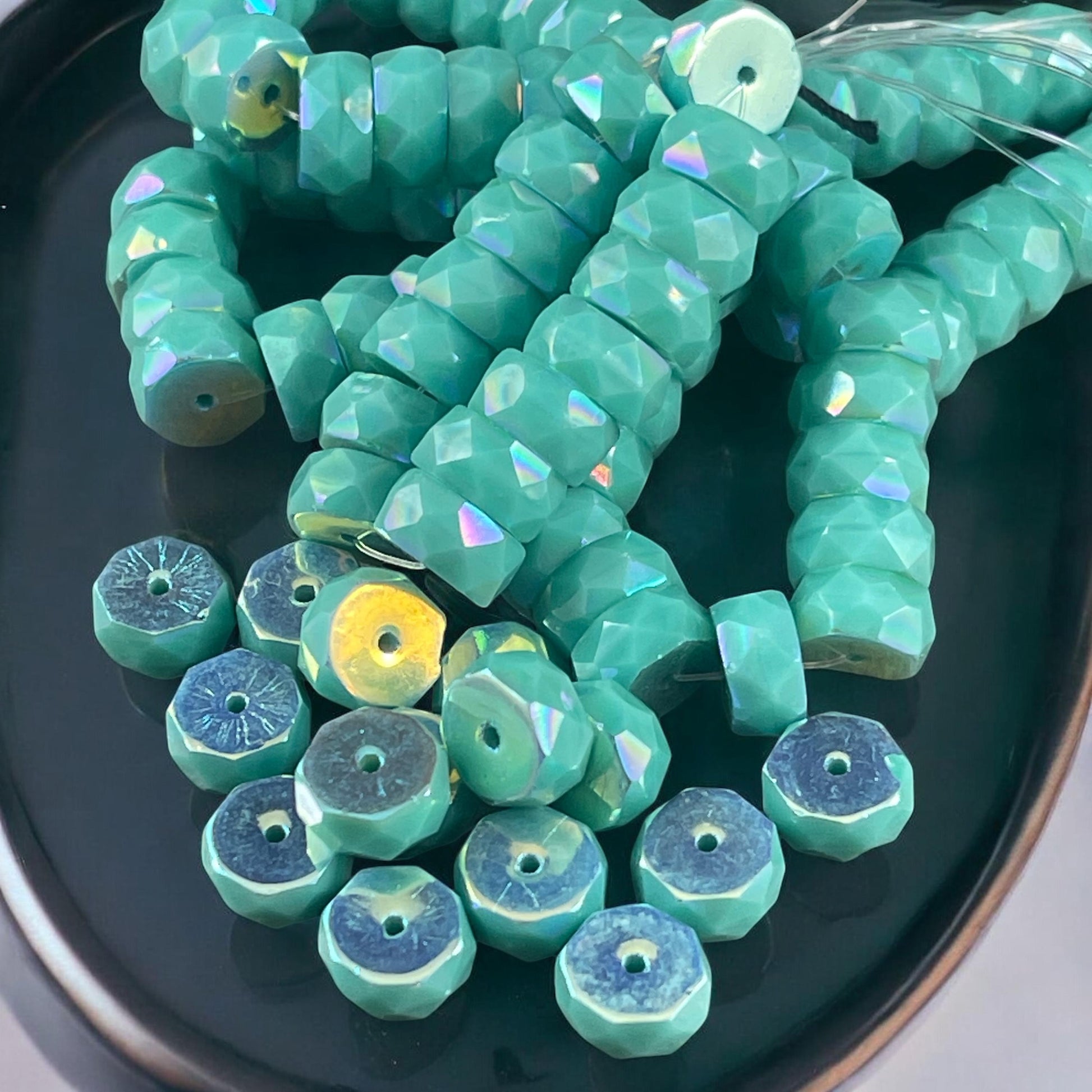 6mm Opaque Turquoise Faceted Heishi Rondelle, Czech Glass Beads, Turquoise with AB Finish (FHE/N-0640) * 15 Beads