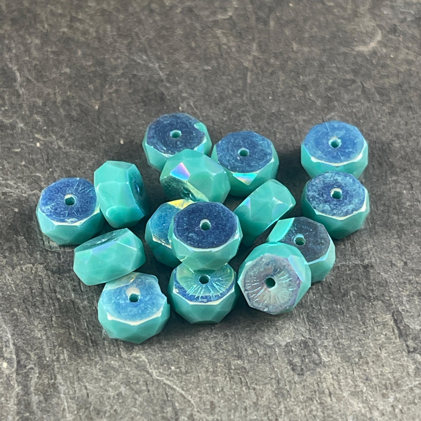 6mm Opaque Turquoise Faceted Heishi Rondelle, Czech Glass Beads, Turquoise with AB Finish (FHE/N-0640) * 15 Beads