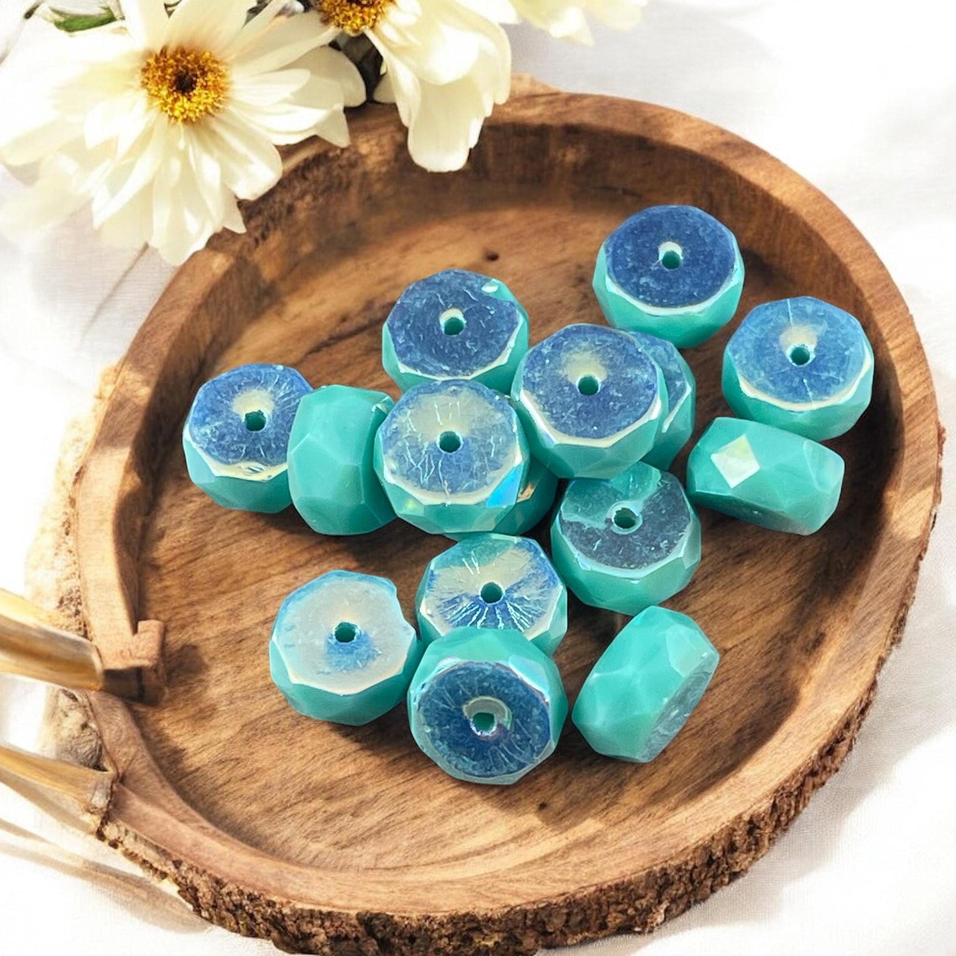 Czech Glass Beads - 6mm Opaque Turquoise Faceted Heishi Rondelle, Turquoise with AB Finish (FHE/N-0628) * 15 Beads