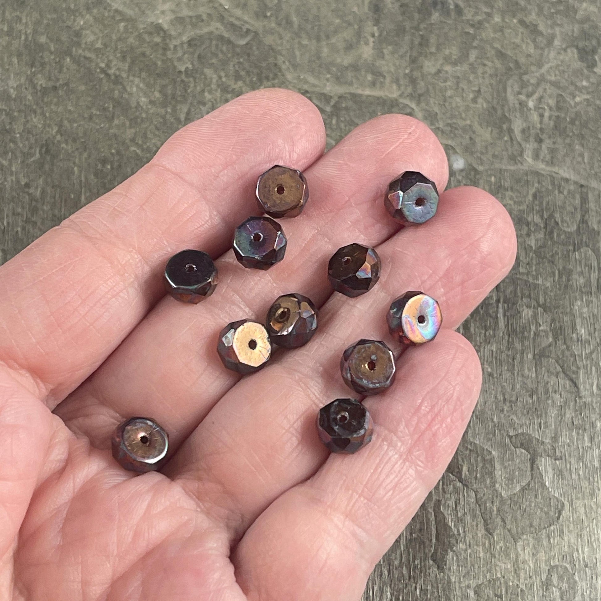 6mm Root Beer Brown Faceted Heishi Rondelle, Czech Glass Beads, Brown with Iridescent Finish (FHE/N-0026) * 15 Beads