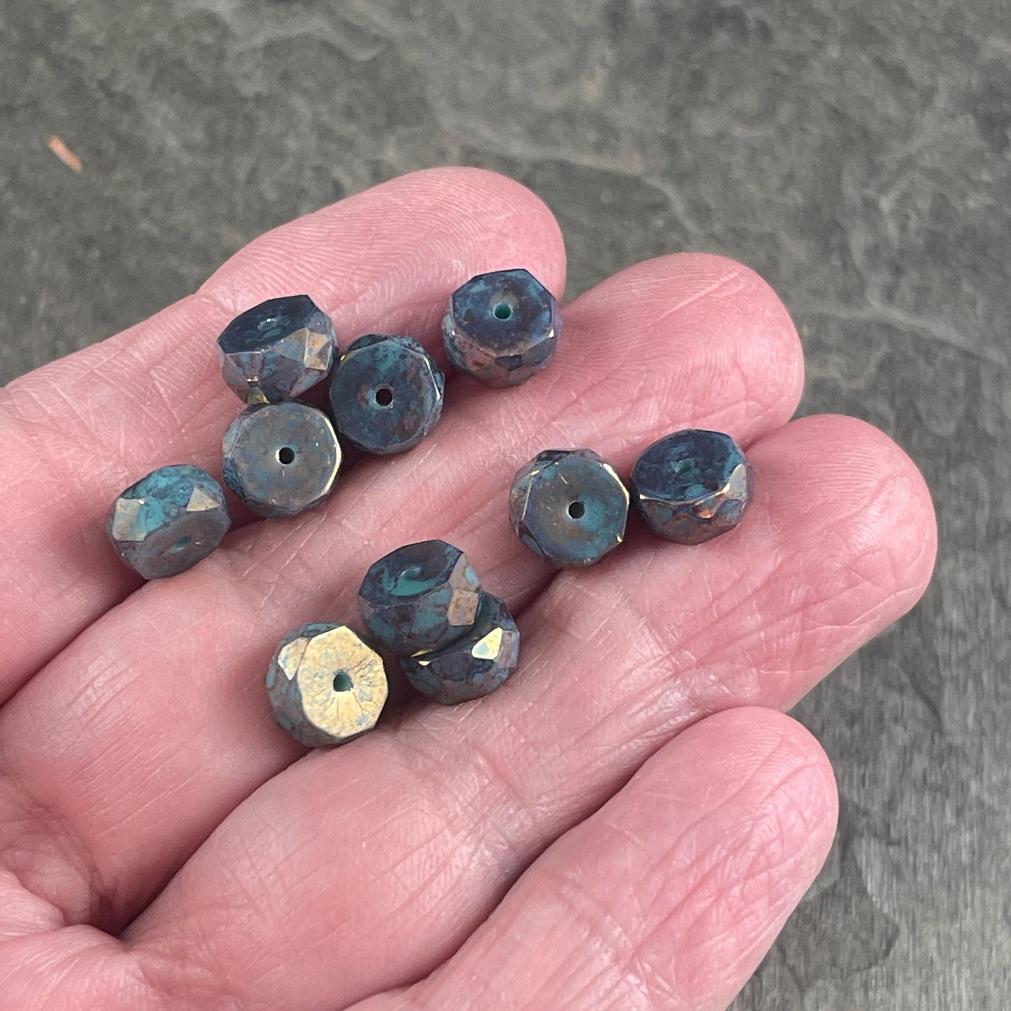 6mm Bronzed Teal Blue Faceted Heishi Rondelle, Czech Glass Beads, Teal with Indigo Bronze Picasso Finish (FHE/N-0374) * 15 Beads