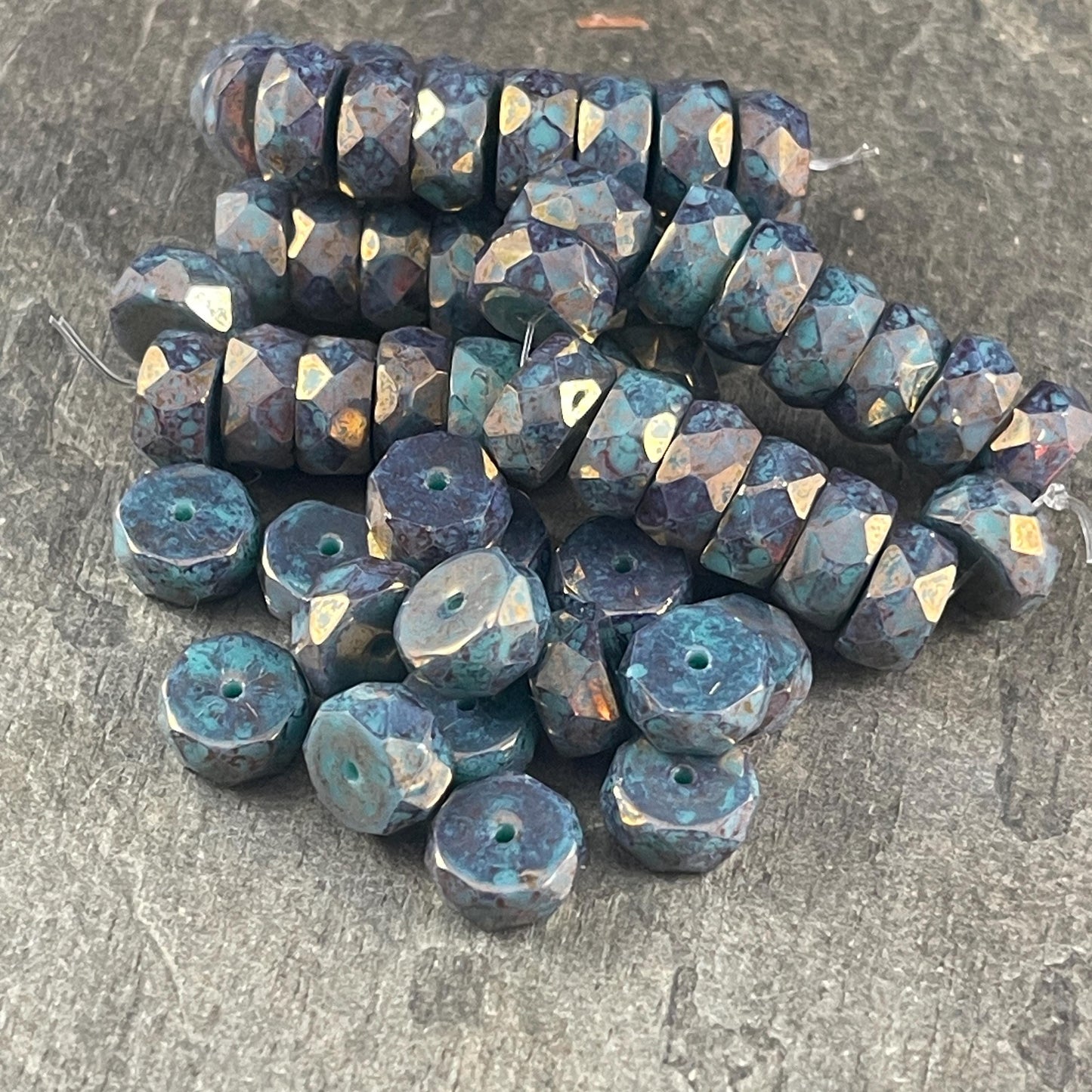 6mm Bronzed Teal Blue Faceted Heishi Rondelle, Czech Glass Beads, Teal with Indigo Bronze Picasso Finish (FHE/N-0374) * 15 Beads