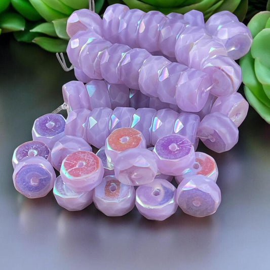 6mm Light Purple Faceted Heishi Rondelle, Czech Glass Beads, Thistle with AB Finishes (FHE/N-0185) * 15 Beads