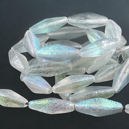 20x9mm Transparent Light Gray Elongated Spindle Bead, Etched Glass with AB Finish (RHO/1882) * Qty. 6 Beads