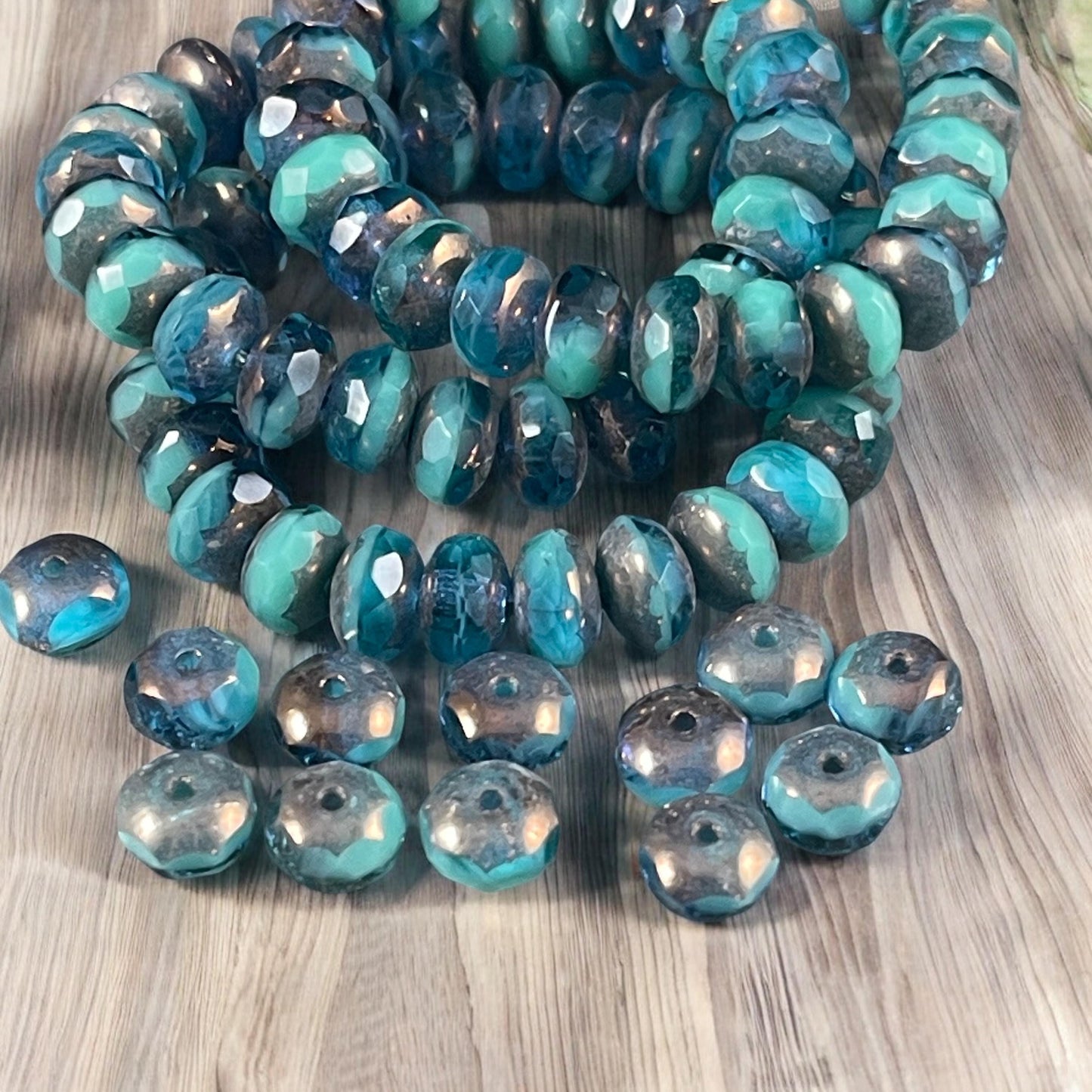 Czech Glass Beads - Turquoise and Capri Blue 7x5mm Rondelle, Two-Tone Blue Mix with Bronze Picasso (R7/RJ-2477) * Qty. 25