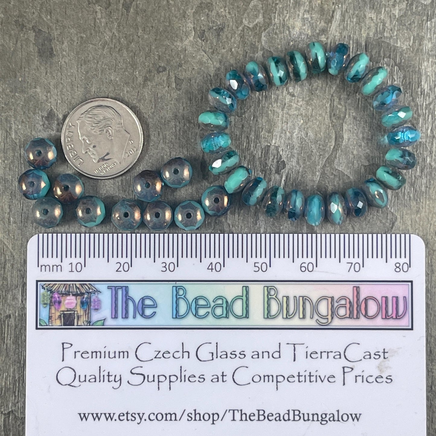 Turquoise and Capri Blue Czech Beads 7x5mm Rondelle Czech Glass Beads Two-Tone Blue Mix with Bronze Picasso (R7/RJ-2477) * Qty. 25