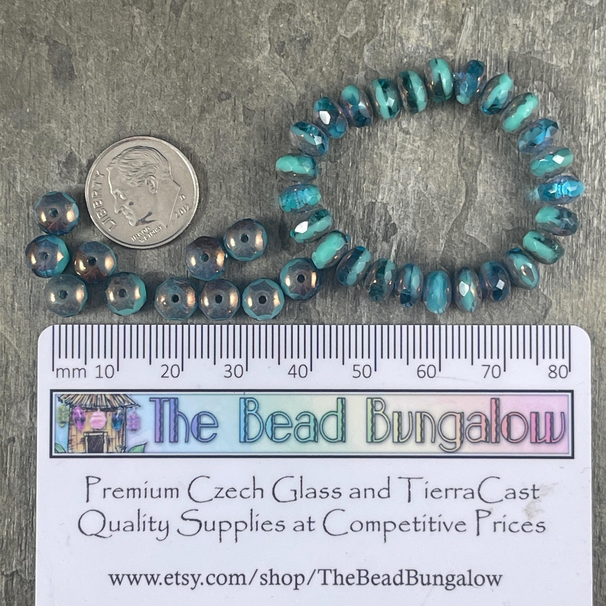 Turquoise and Capri Blue Czech Beads 7x5mm Rondelle Czech Glass Beads Two-Tone Blue Mix with Bronze Picasso (R7/RJ-2477) * Qty. 25