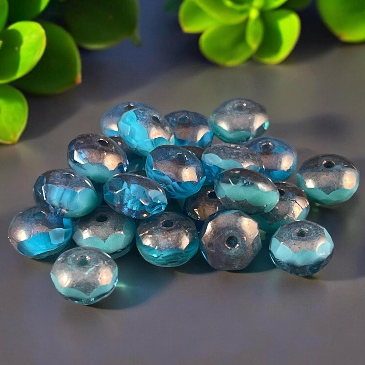Czech Glass Beads - Turquoise and Capri Blue 7x5mm Rondelle, Two-Tone Blue Mix with Bronze Picasso (R7/RJ-2477) * Qty. 25